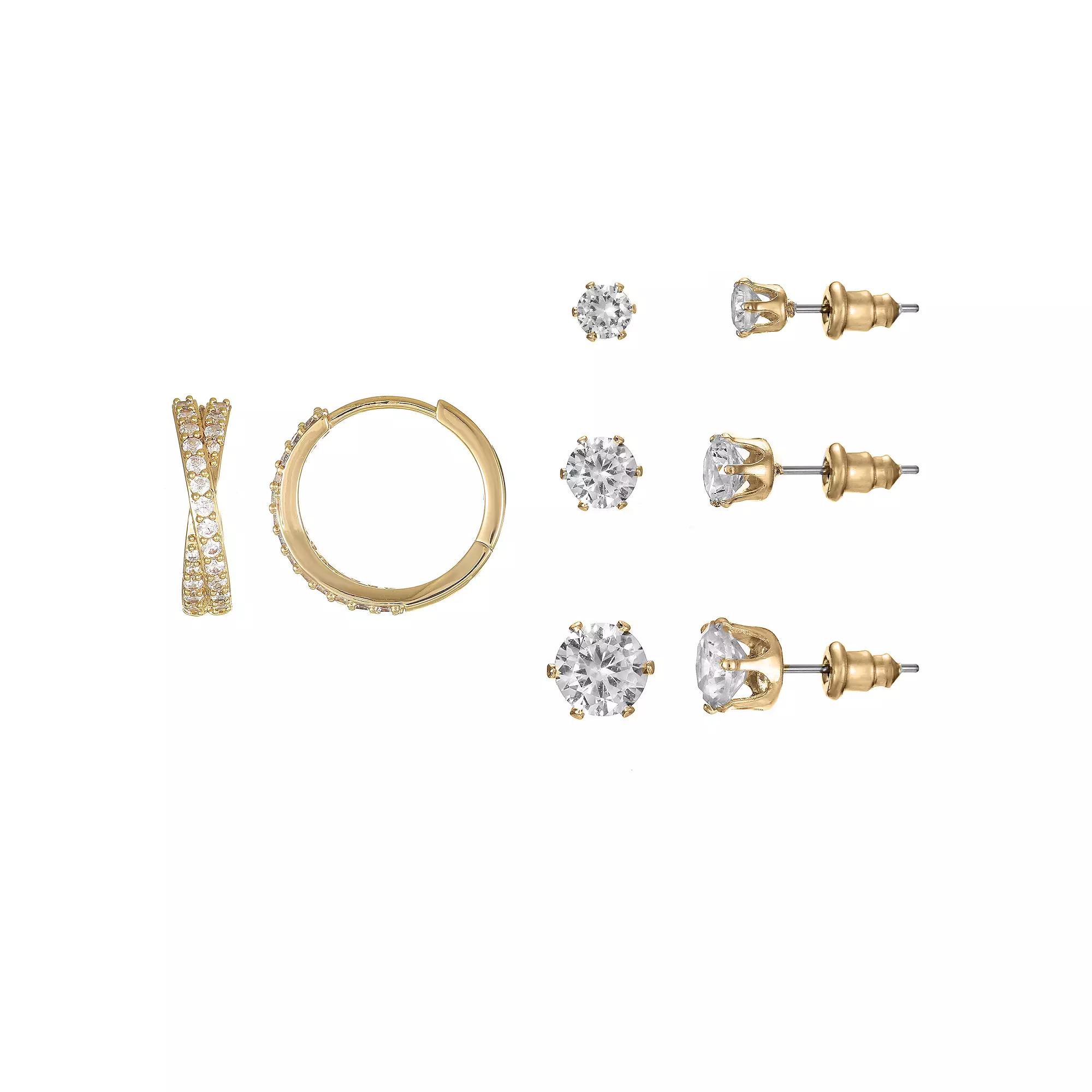 Gold Tone Cubic Zirconia Hoop & Stud Earrings Quartet, Women's, Gold Tone Clear Product Image