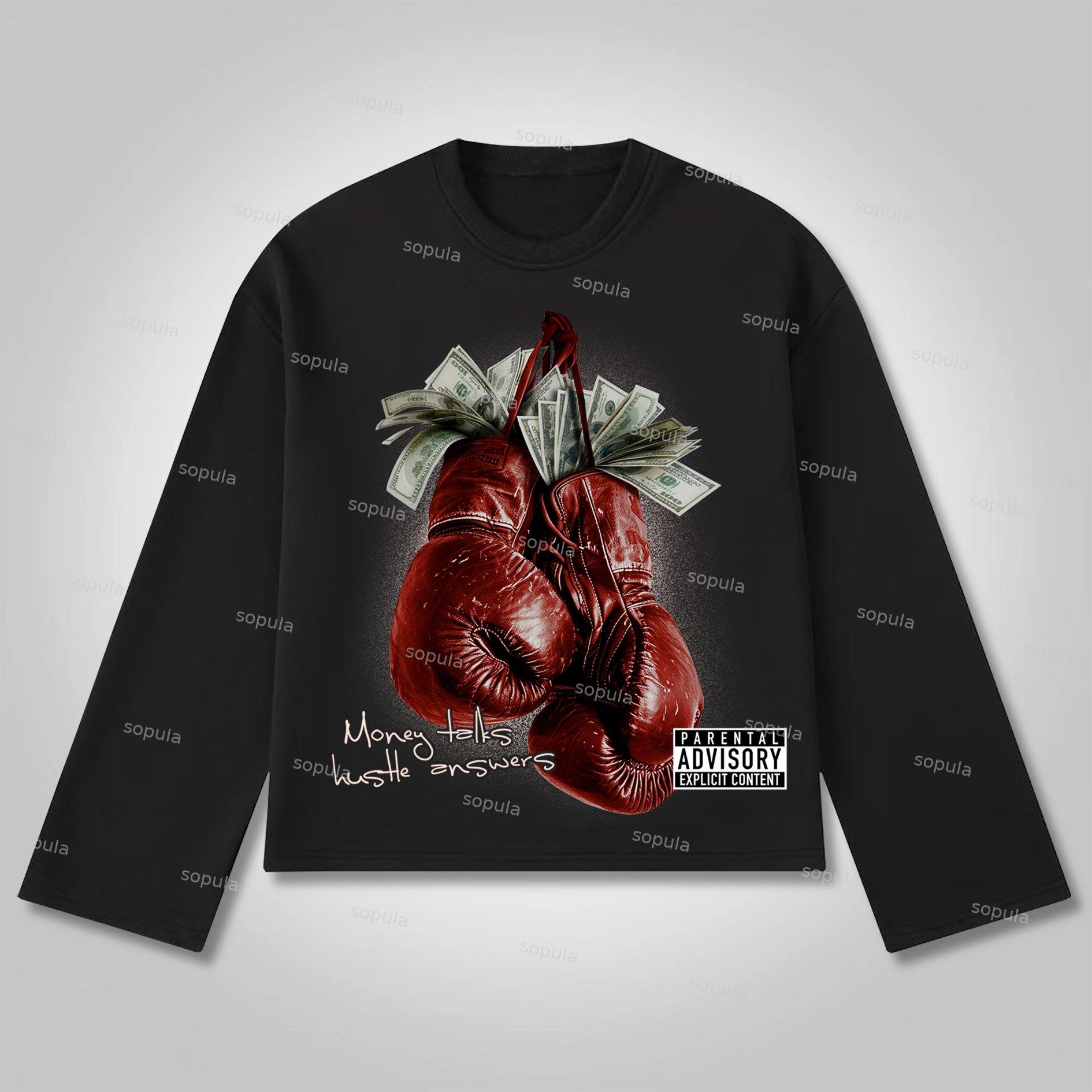 Sopula Money Boxing Gloves Printed Graphics Cotton Long Sleeve T-Shirt Product Image