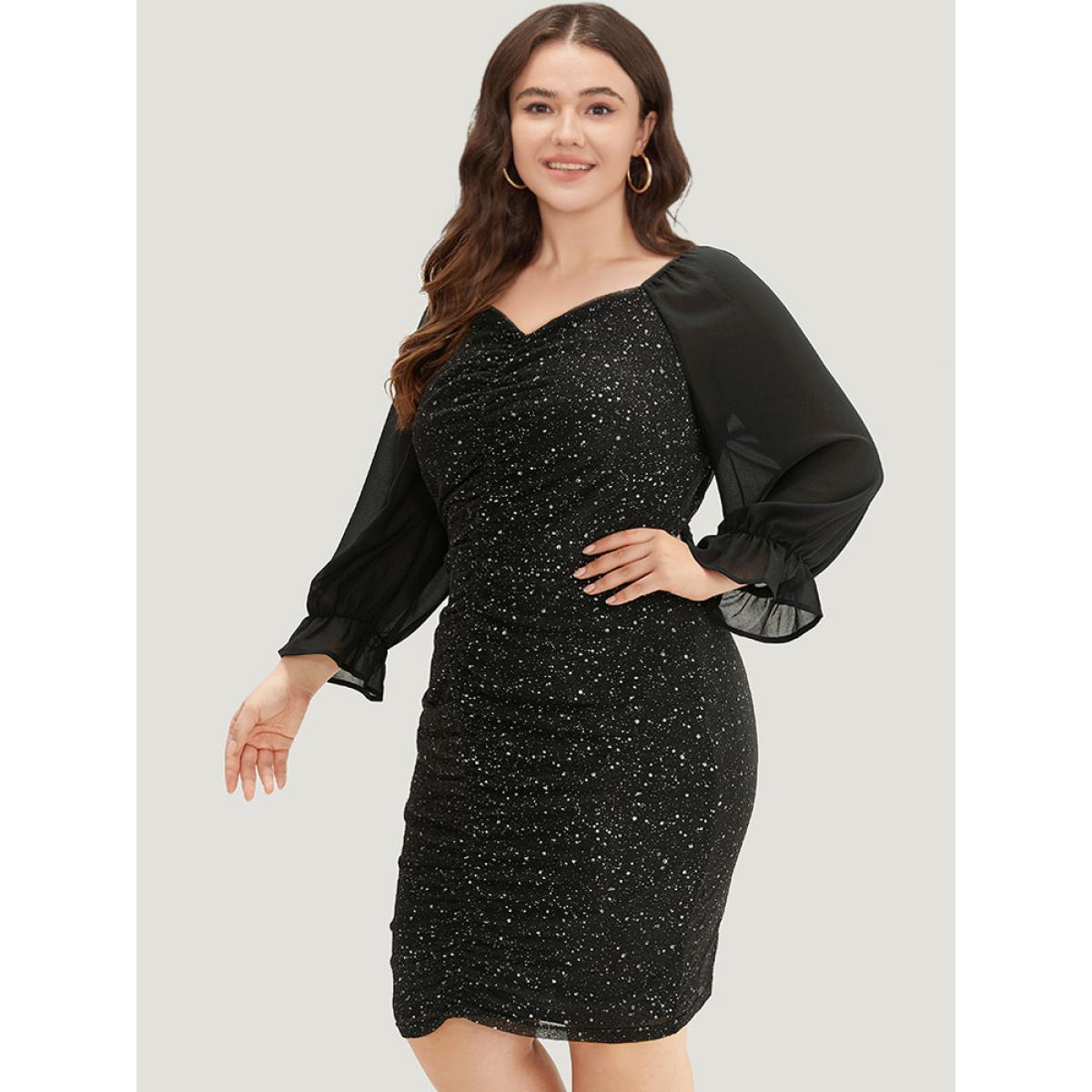 Plus Size Glitte Chiffon Square Neck Ruched Dress Black Women Party Gathered Square Neck Long Sleeve Curvy Knee Dress BloomChic 30/6X Product Image