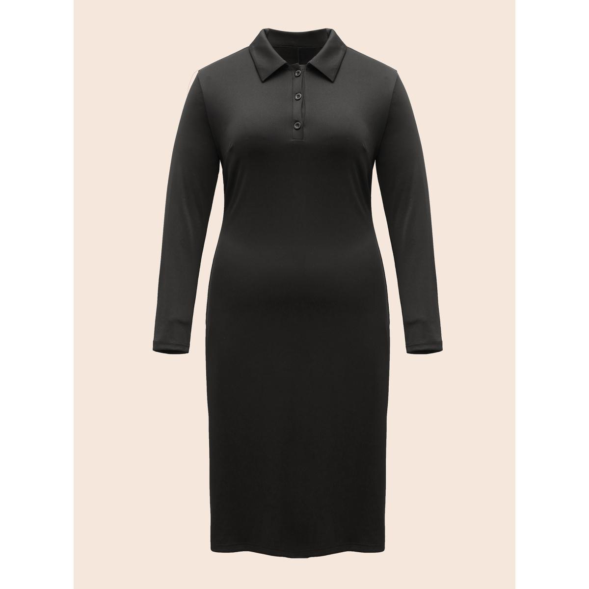 Plus Size Shirt Collar Button Up Midi Dress Black Women Elegant Button Shirt collar Long Sleeve Curvy BloomChic 14-16/1X Product Image