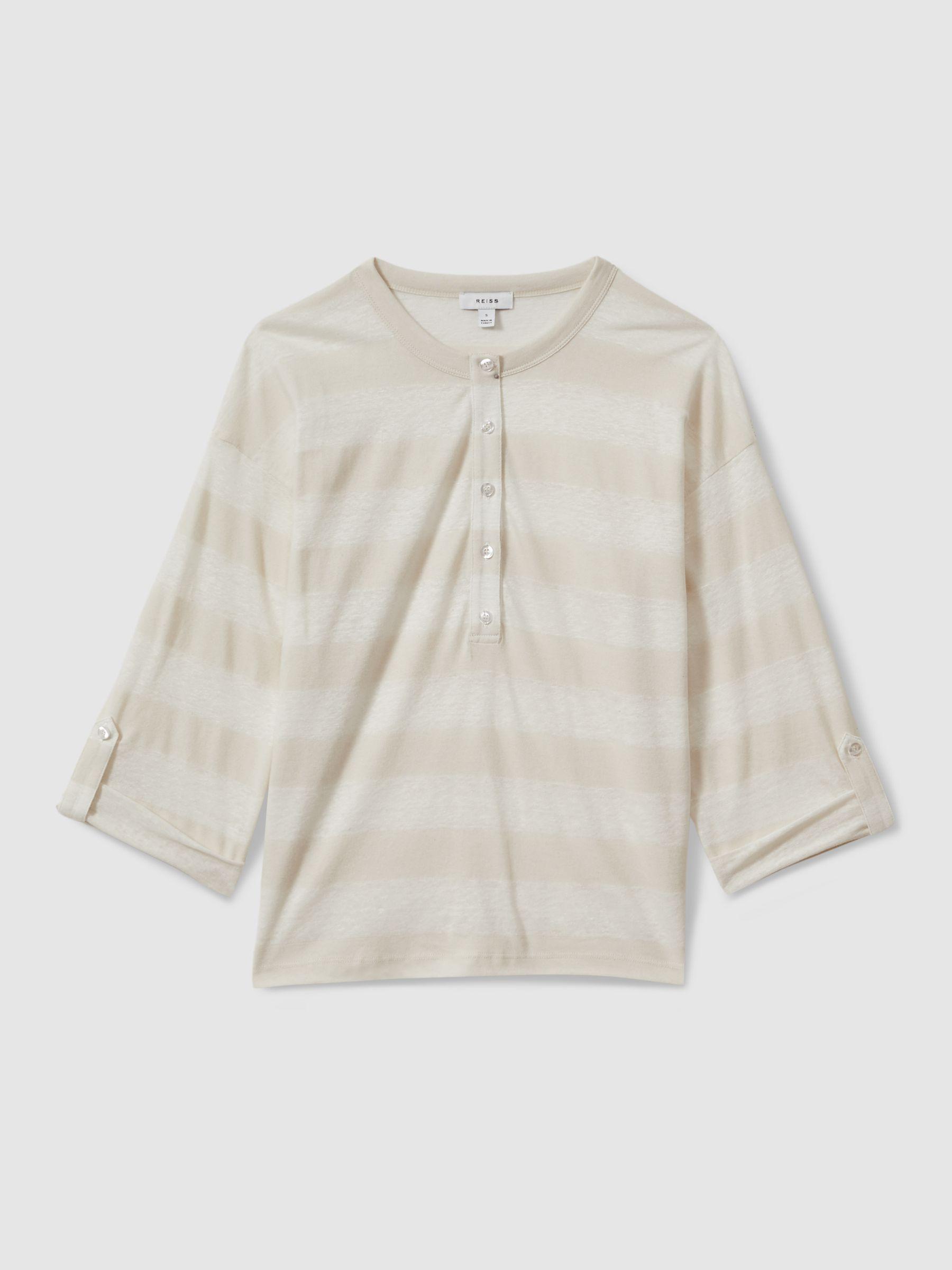 Linen-Cotton Striped Henley Top in Neutral/Ivory Product Image