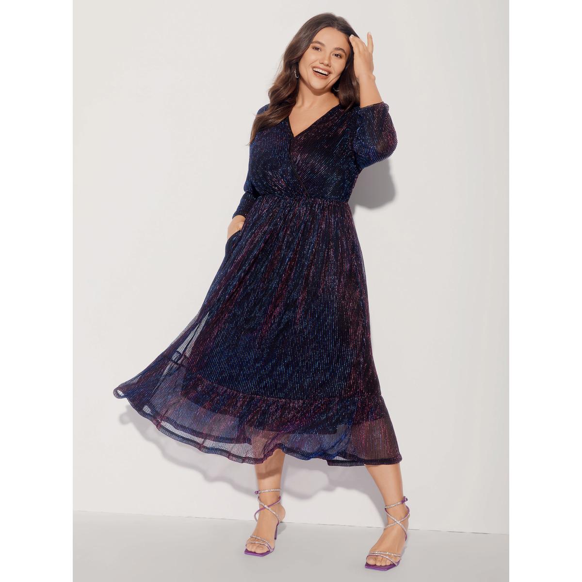 Plus Size Luxe Mesh Pleated Elastic Waist Wrap Dress Blackcurrant Women Party&Cocktail Texture Overlap Collar Elbow-length sleeve Curvy Midi Dress BloomChic 12/L Product Image