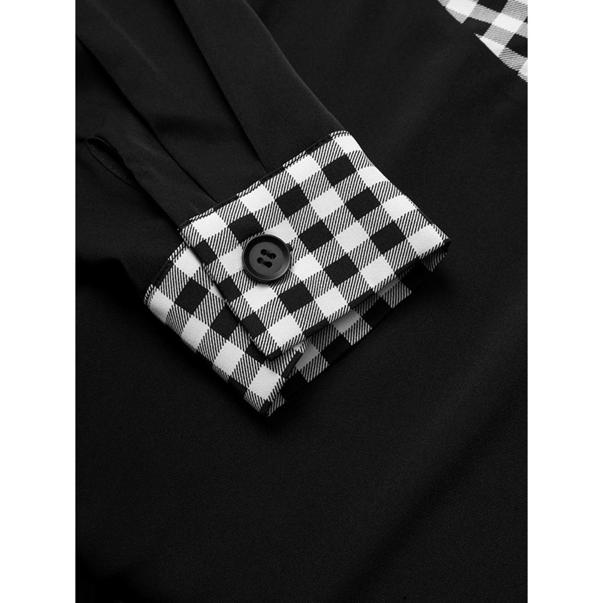 Plus Size Black Checkered Patchwork Asymmetrical Neck Button Detail Blouse Women Office Long Sleeve Asymmetrical Neck Office Blouses BloomChic 22-24/3X Product Image