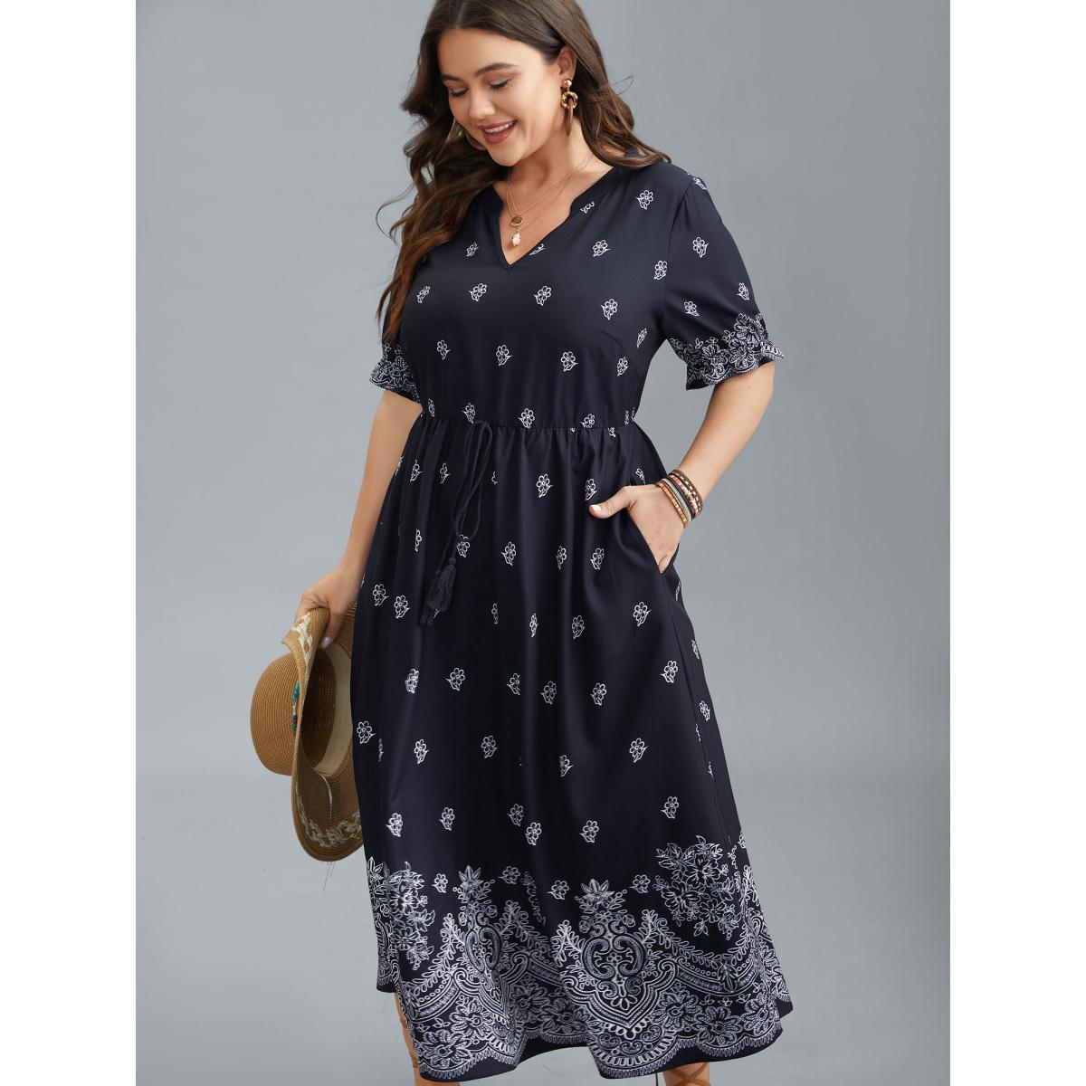 Plus Size Floral Waist-Tie Notched Collar Midi Dress Indigo Women Boho Ruffles Notched collar Half Sleeve Curvy BloomChic 18-20/2X Product Image
