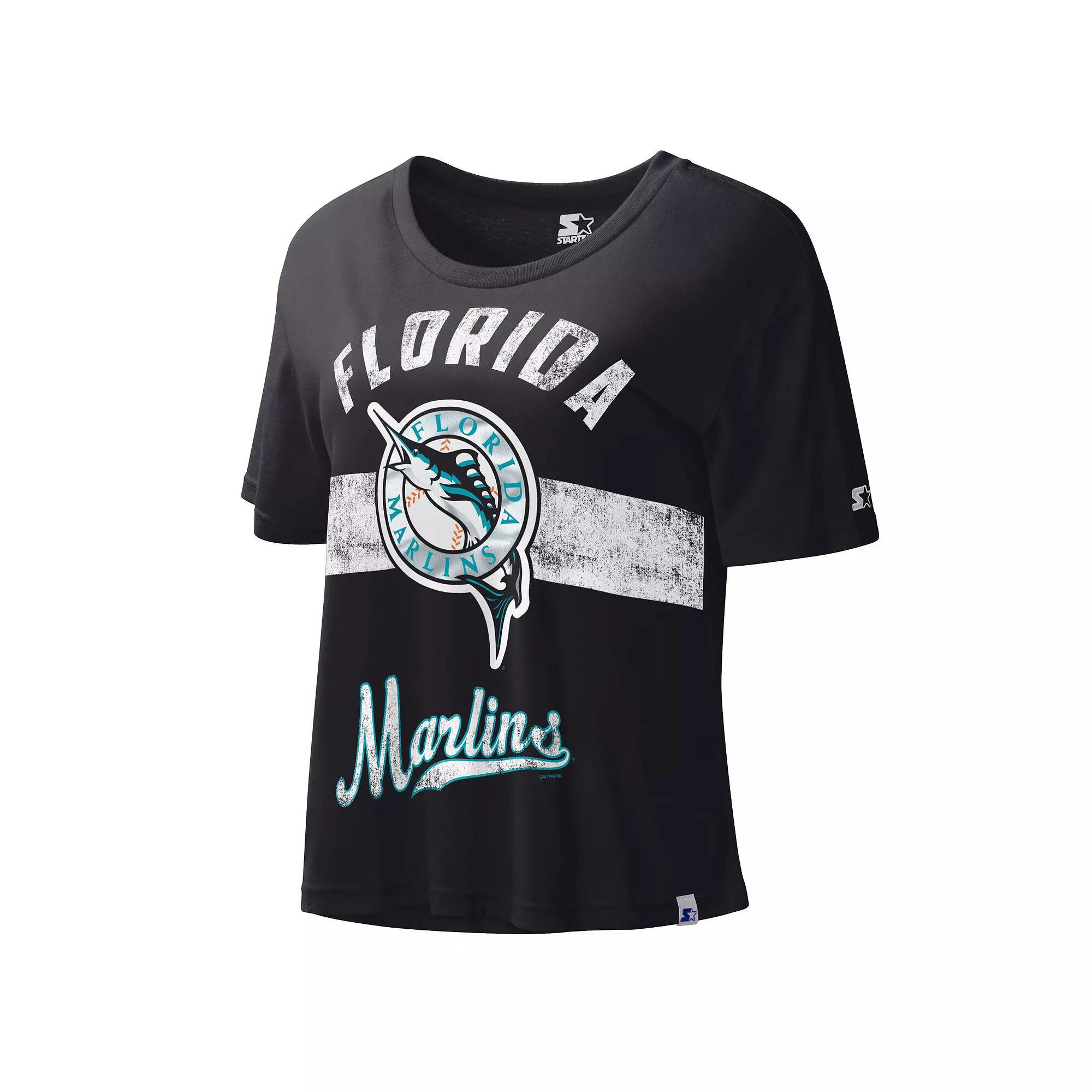 Women's Starter Black Florida Marlins Cooperstown Collection Record Setter Crop Top, Size: XL, Mlb Black Product Image
