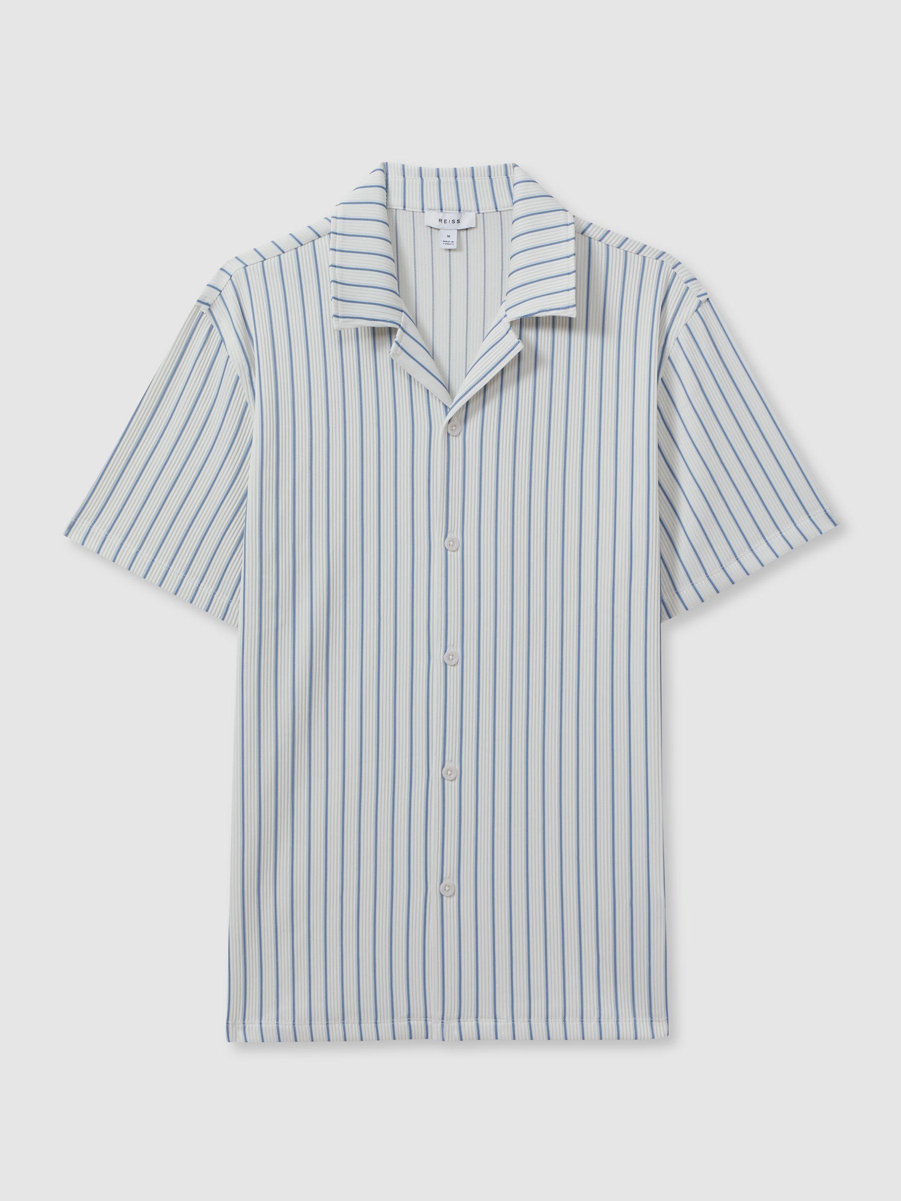 Ribbed Striped Cuban Collar Shirt in White/Soft Blue Product Image