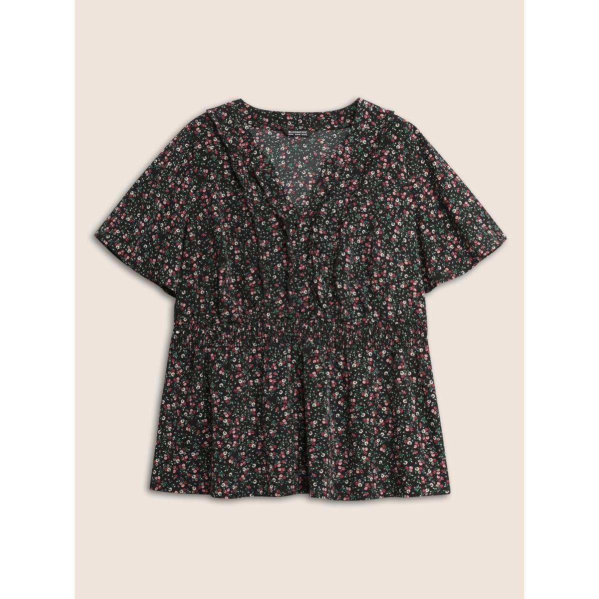 Plus Size Black Ditsy Floral Shirred Frill Trim Blouse Women Elegant Short sleeve Notched collar Everyday Blouses BloomChic 26/4X Product Image
