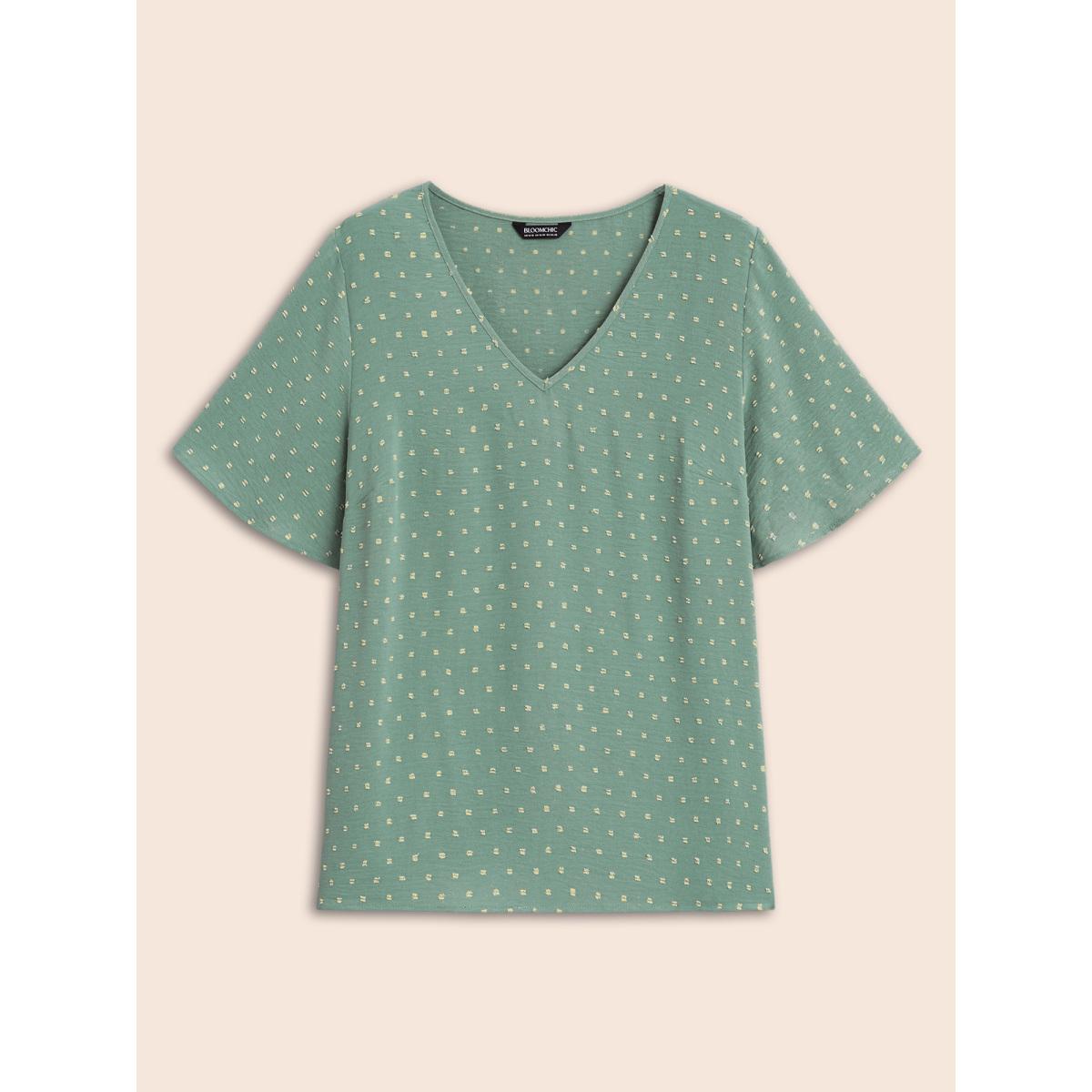 Plus Size Turquoise Polka Dot Lace Sleeve Blouse Women Elegant Short sleeve V-neck Everyday Blouses BloomChic 22-24/3X Product Image