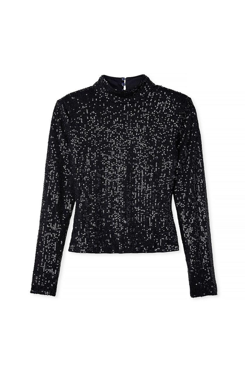 Sharp Shoulder Sequin Top Black Product Image