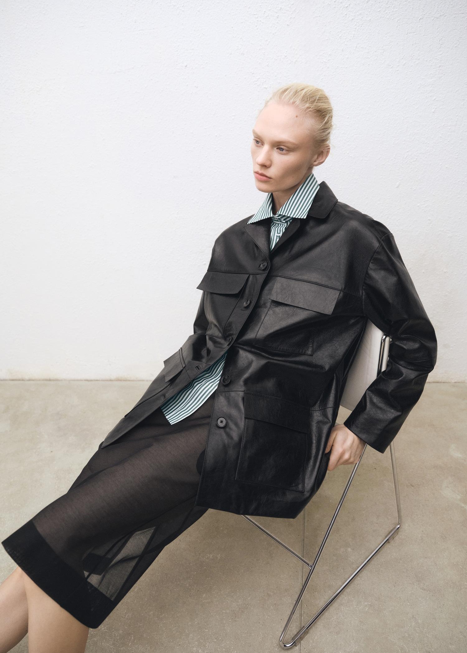 Oversized leather jacket with pockets - Women | MANGO USA Product Image