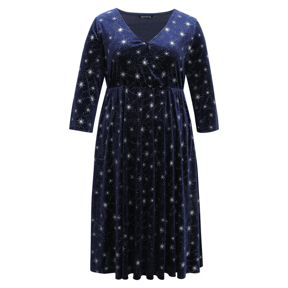 Plus Size Christmas Velvet Star Glitter Wrap Pocket Dress DarkBlue Women Casual Velvet Overlap Collar Elbow-length sleeve Curvy Midi Dress BloomChic 30/6X Product Image
