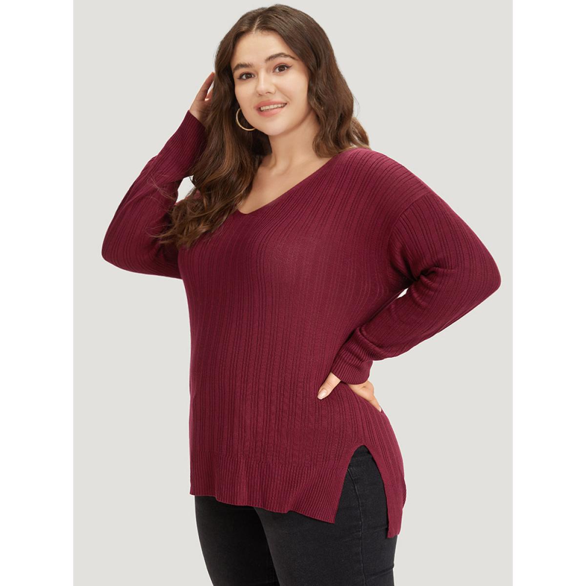 Plus Size Supersoft Essentials Plain Rib Knit Split Side Pullover Burgundy Women Casual Bodycon Long Sleeve Round Neck Dailywear Pullovers BloomChic 18-20/2X Product Image