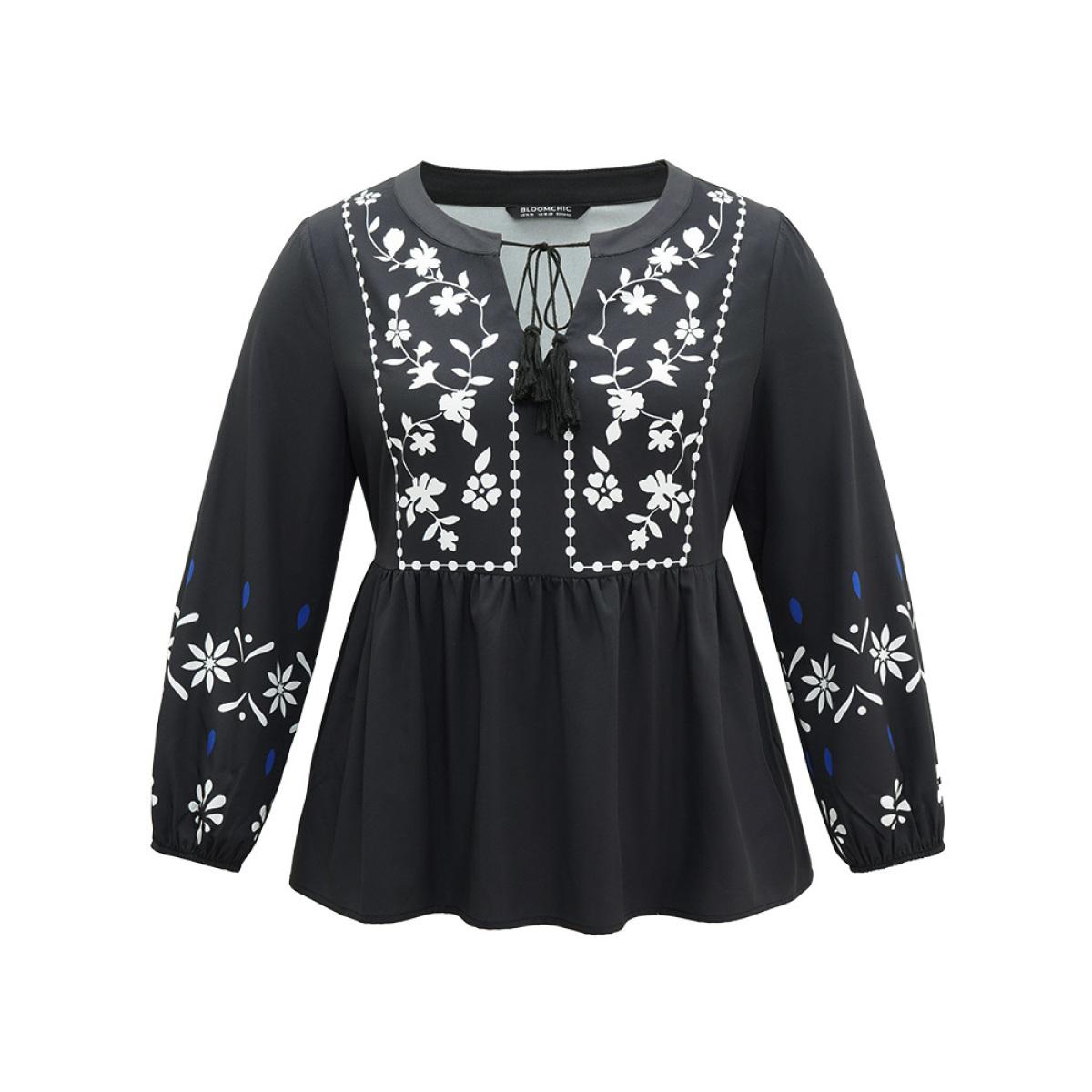 Plus Size Black Boho Print Tie Neck Elastic Waist Tassels Blouse Women Resort Long Sleeve Tie Neck Vacation Blouses BloomChic 26/4X Product Image
