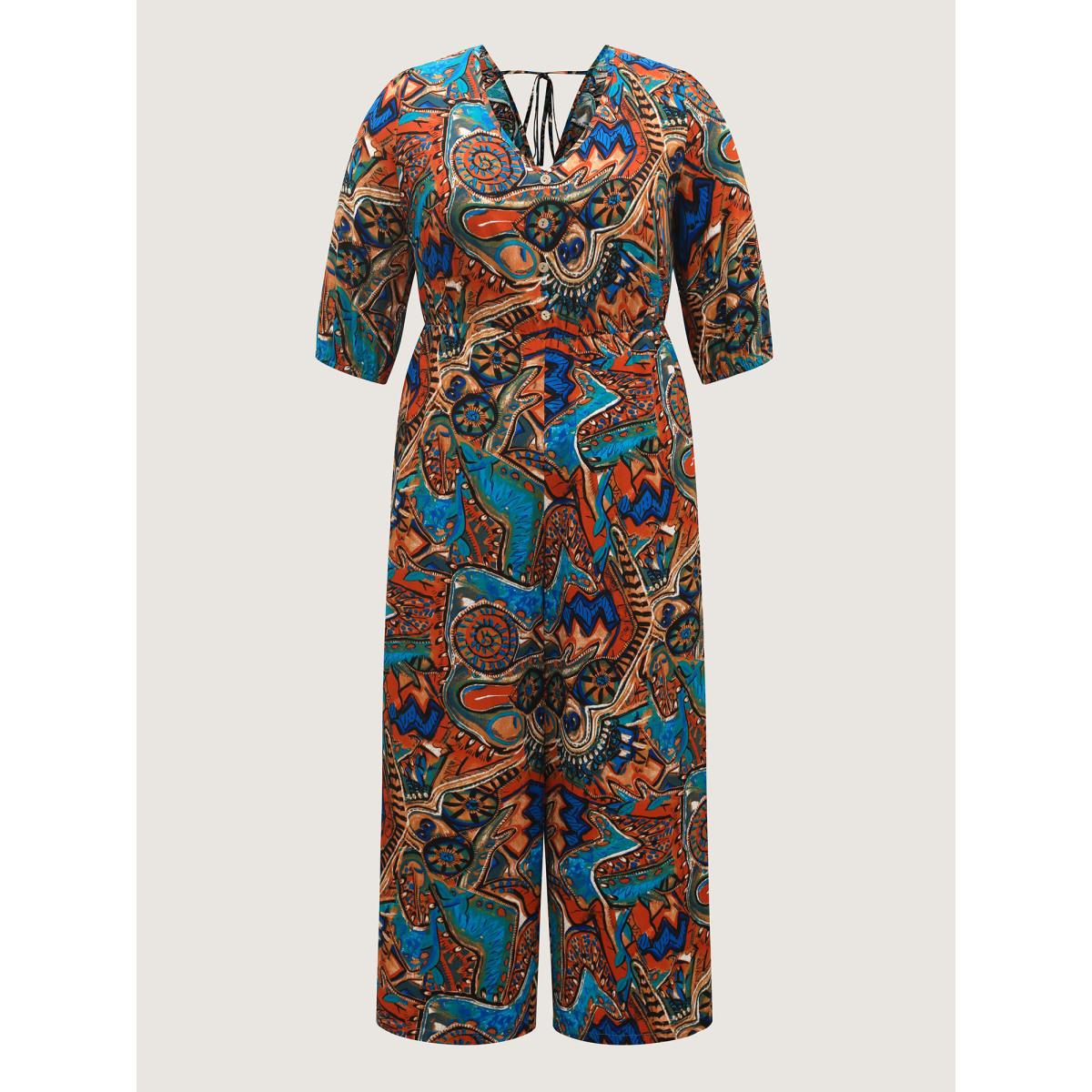 Plus Size Multicolor Graffiti Print Pockets Backless Tie Jumpsuit Women Boho Elbow-length sleeve V-neck Vacation Loose Jumpsuits BloomChic 28/5X Product Image