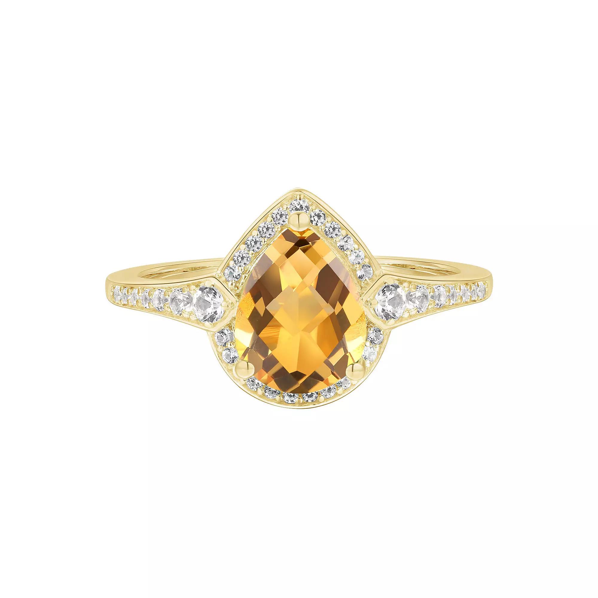 14k Gold Over Silver Citrine & Lab-Created White Sapphire Teardrop Halo Ring, Women's, Size: 7, Gold Tone Product Image