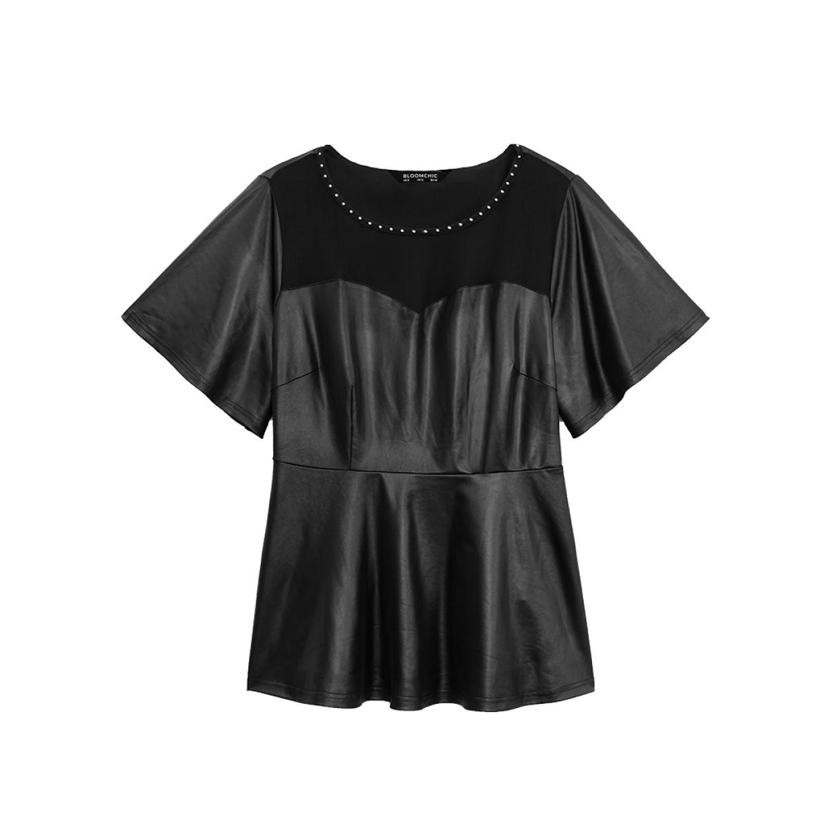 Plus Size Black PU Leather Mesh Patchwork Pearl Beaded Blouse Women Glamour Short sleeve Round Neck Party Blouses BloomChic 28/5X Product Image