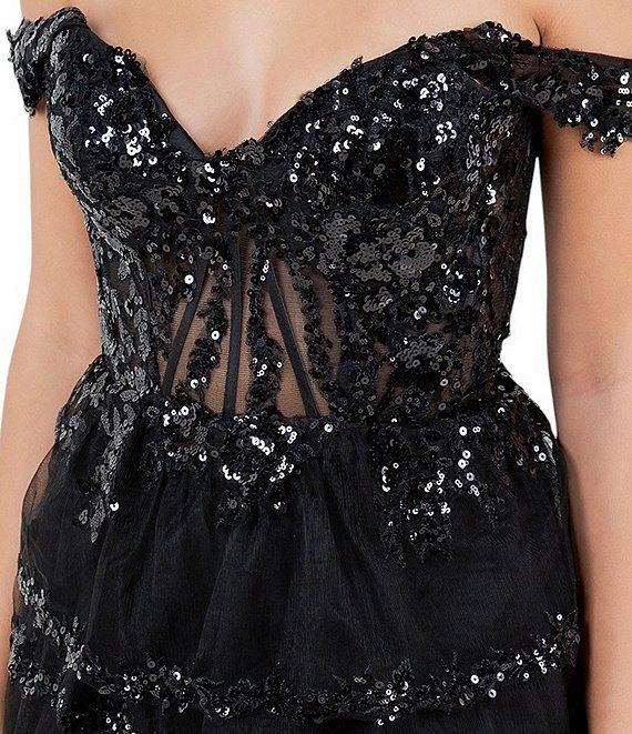 Cinderella Couture Off-The-Shoulder Sequin Beaded Bodice Tiered Tulle Ruffled A-Line Gown Product Image