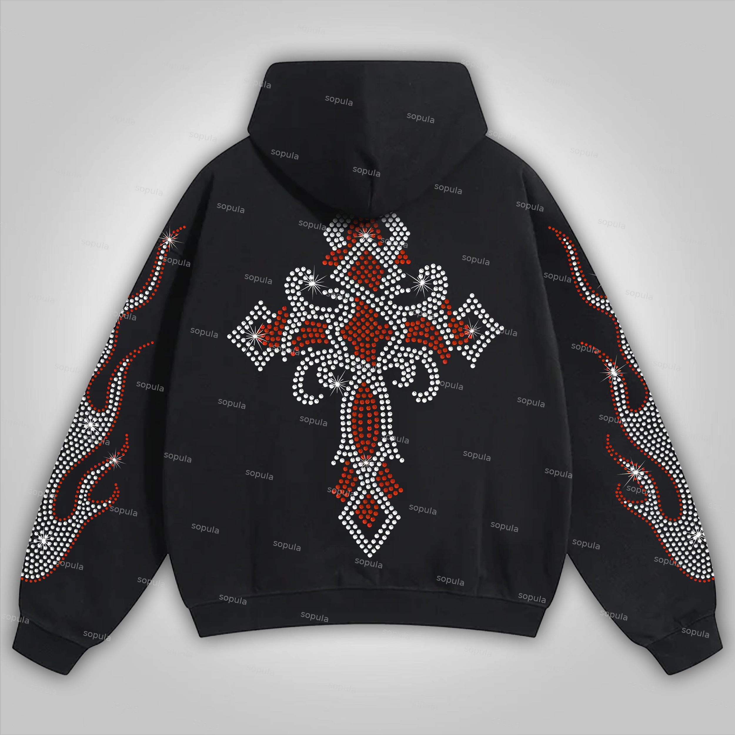 Sopula Vintage Cross Shining Diamond Flame Graphic Cotton Hoodie Product Image