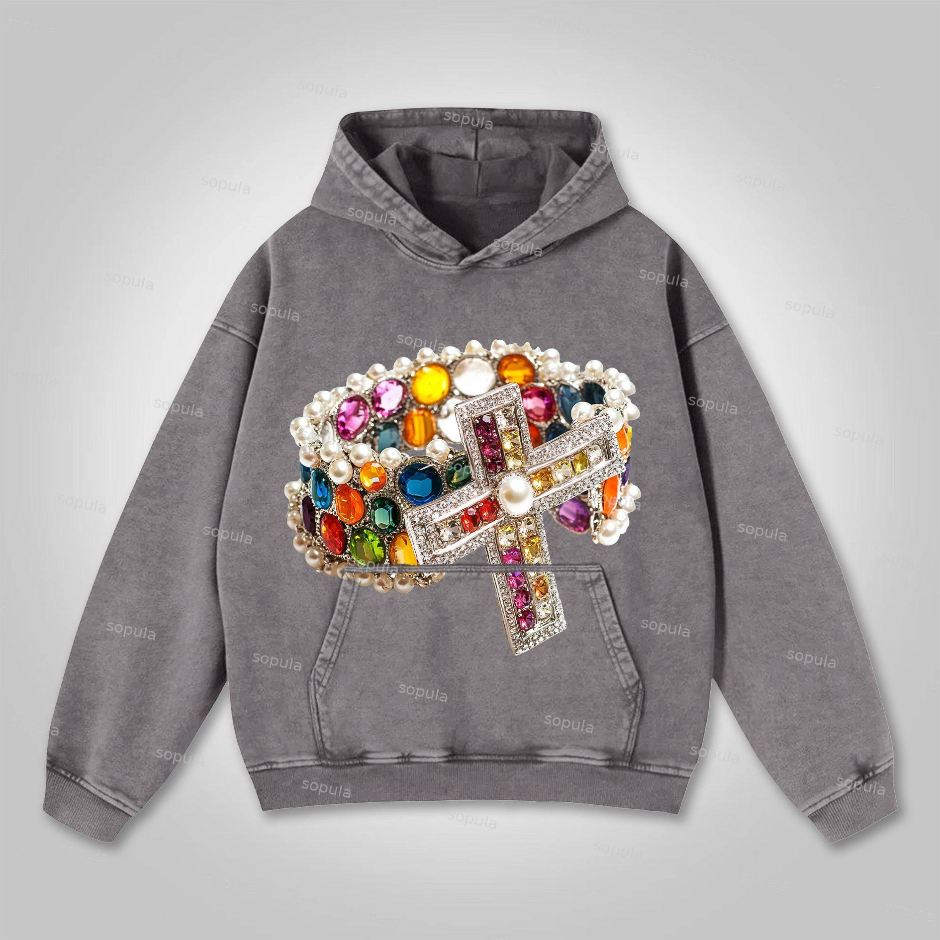 Sopula Vintage Diamond Cross Graphic Washed Hoodie Product Image