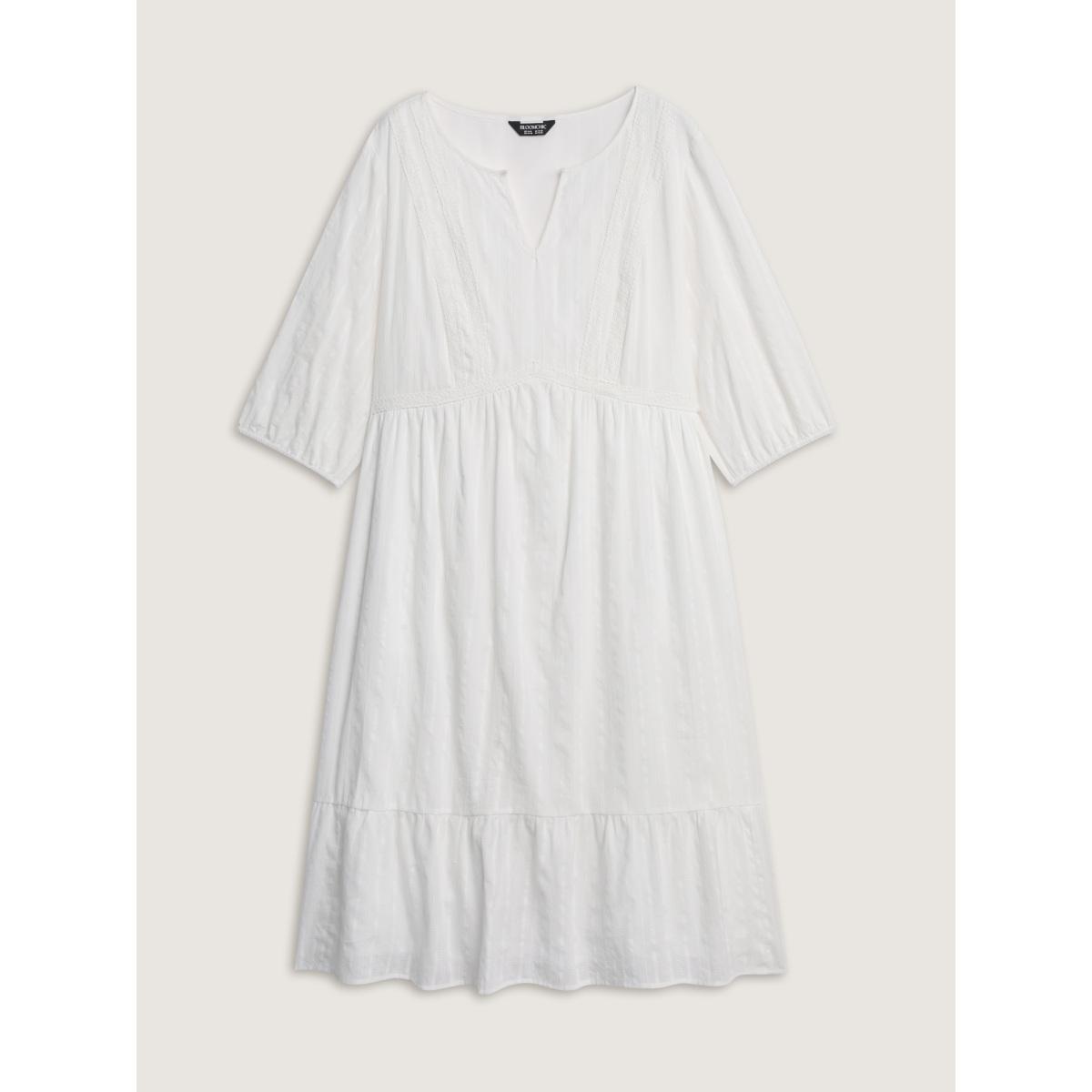 Plus Size Lace Trim Tiered Textured Midi Dress Originalwhite Women Leisure Notched collar Elbow-length sleeve Curvy BloomChic 14-16/1X Product Image