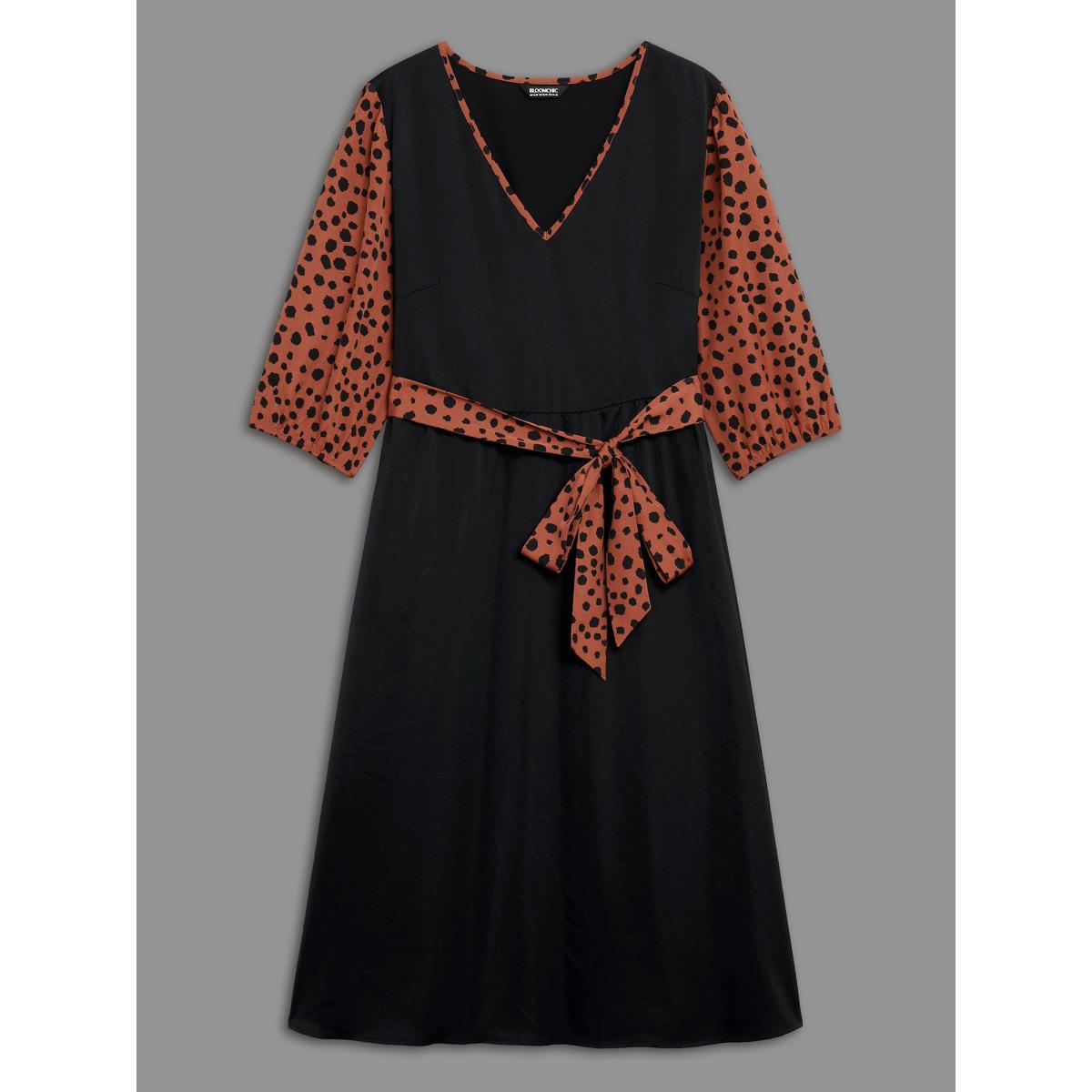 Plus Size V Neck Polka Dot Color contrast Dress Black Women Elegant Belted V-neck Elbow-length sleeve Curvy BloomChic 30/6X Product Image