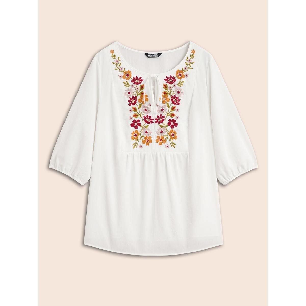 Plus Size Originalwhite Floral Embroidered Tie Knot Lantern Sleeve Blouse Women Resort Elbow-length sleeve V-neck Vacation Blouses BloomChic 30/6X Product Image