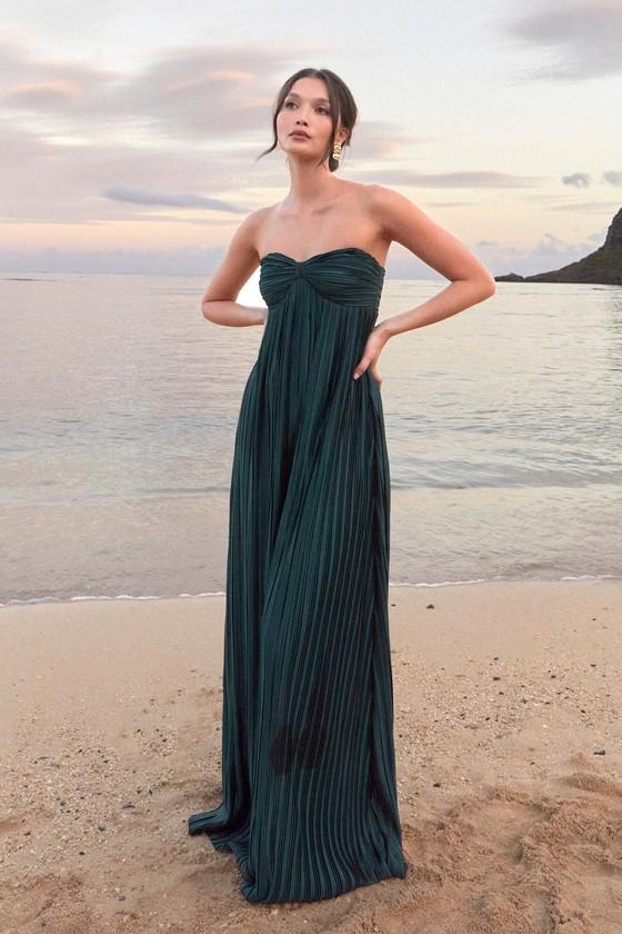 Whimsical Beauty Emerald Green Satin Plisse Strapless Maxi Dress Product Image