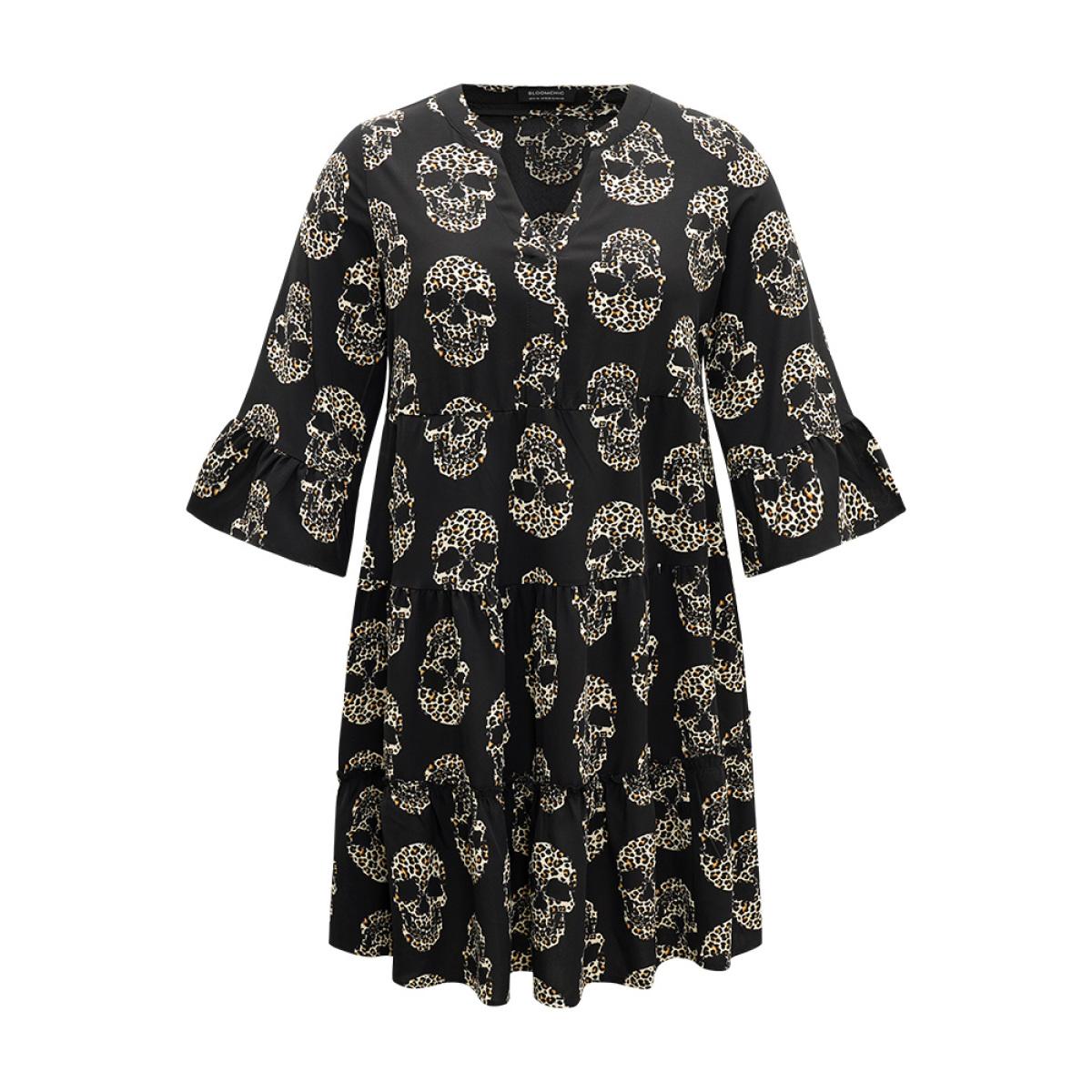 Plus Size Halloween Skull Print Notched Flutter Dress Black Women Office Gathered Notched collar Elbow-length sleeve Curvy Midi Dress BloomChic 14-16/1X Product Image