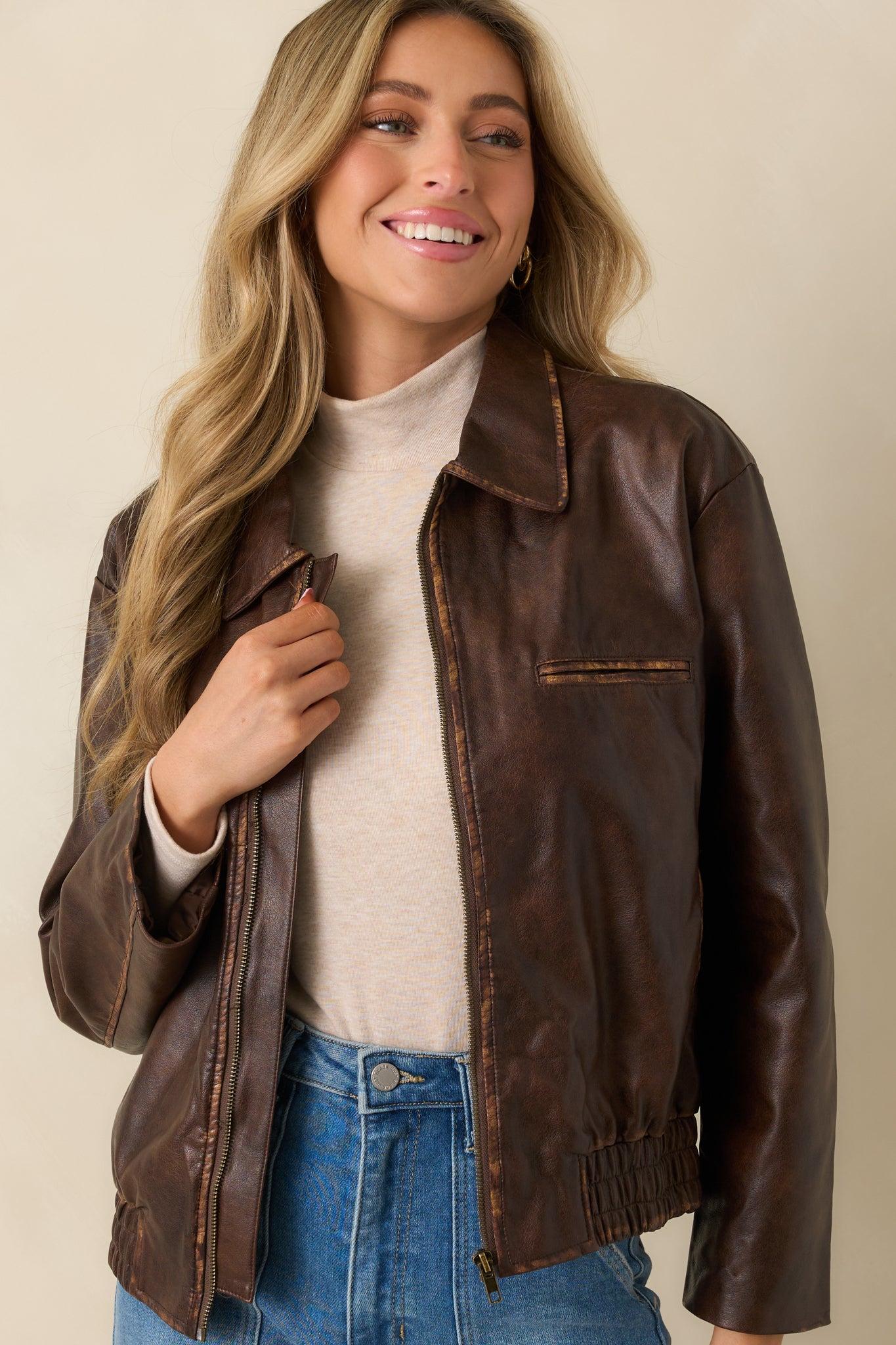 Rugged Reputation Brown Faux Distressed Leather Zip-Up Jacket Product Image