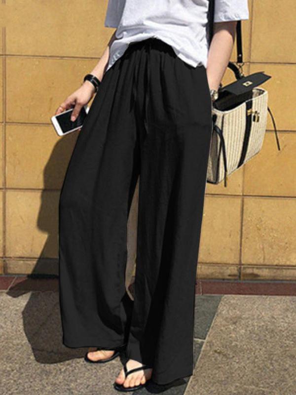 High Waisted Loose Drawstring Pockets Solid Color Pants Trousers Product Image