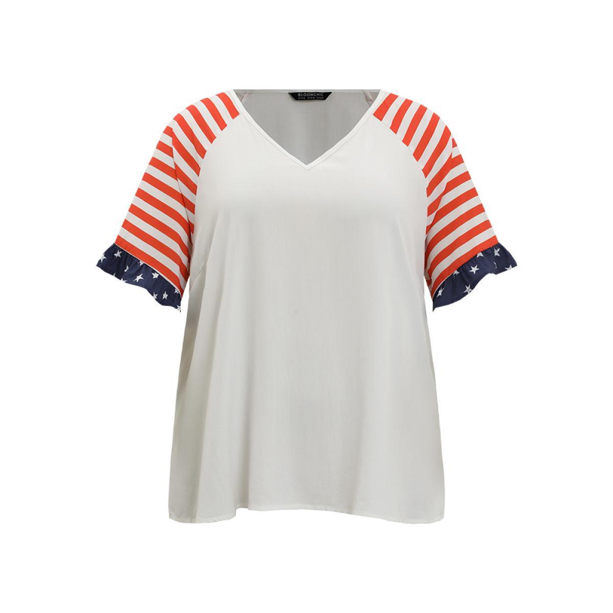 Plus Size White Star & Striped Print Raglan Sleeve Ruffle Trim Blouse Women Elegant Half Sleeve V-neck Dailywear Blouses BloomChic 18-20/2X Product Image