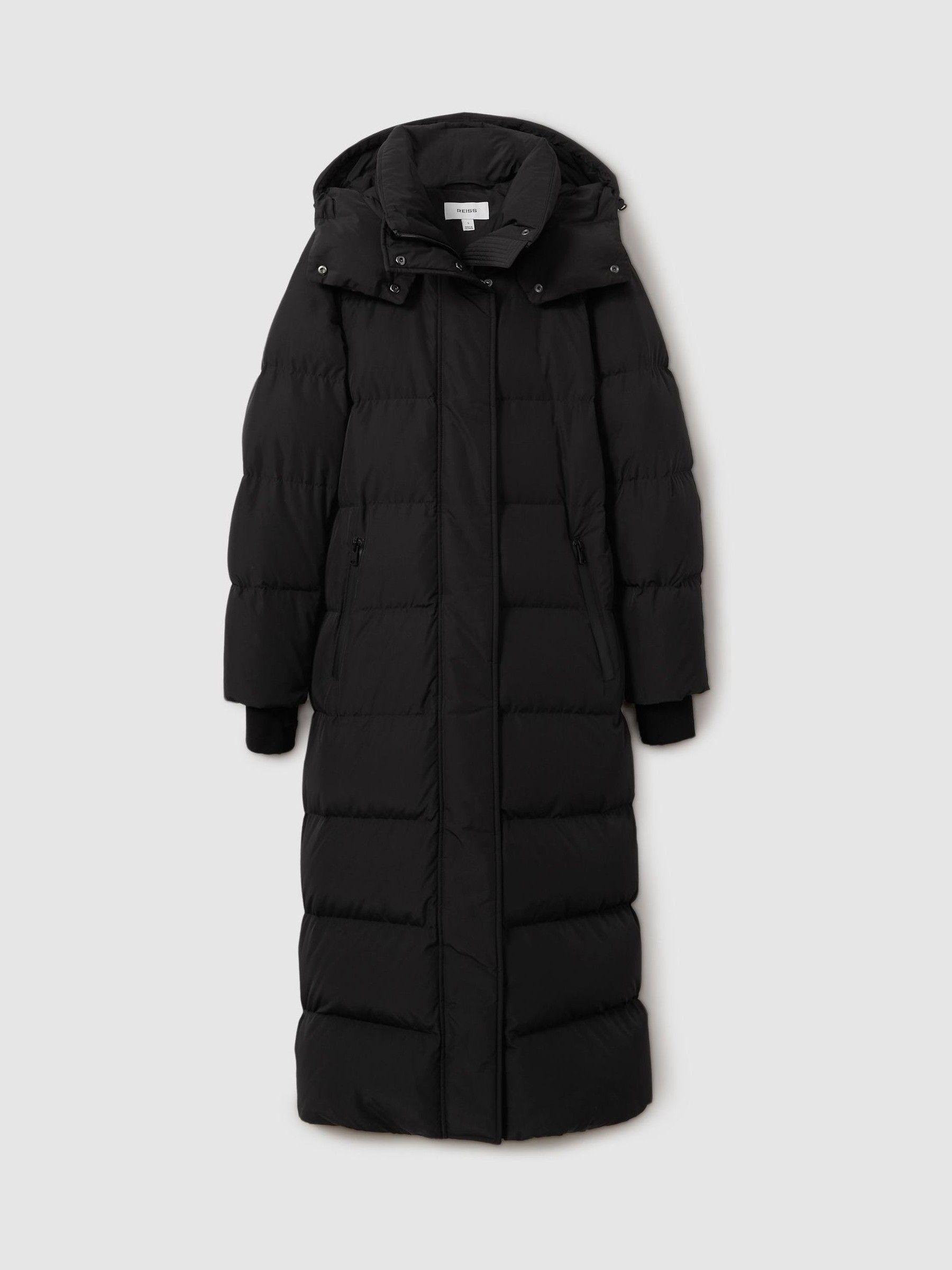 Petite Longline Hooded Puffer Coat in Black Product Image