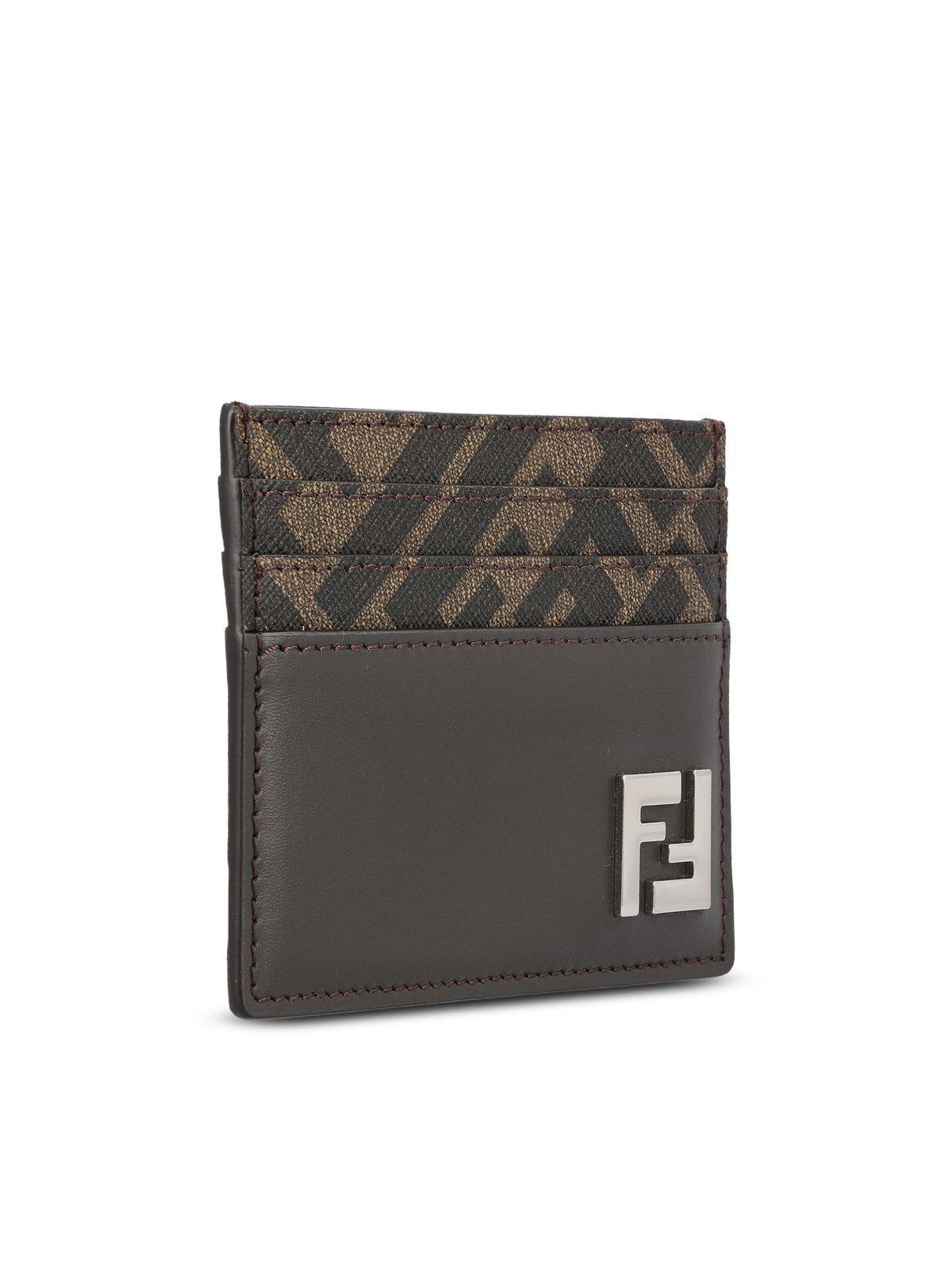 FENDI Brown Card-holder With Squared Ff Motif In Leather And Ff Canvas Man In Ebony Product Image