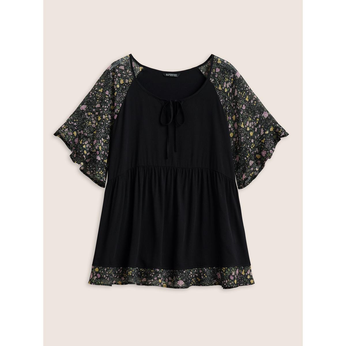 Plus Size Black Ditsy Floral Patchwork Ties Flutter Sleeve Blouse Women Elegant Short sleeve V-neck Everyday Blouses BloomChic 18-20/2X Product Image