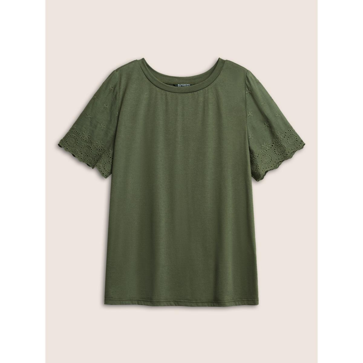 Plus Size Plain Crew Neck Broderie Anglaise T-shirt ArmyGreen Women Elegant Non Plain Round Neck Everyday T-shirts BloomChic 12/L Product Image