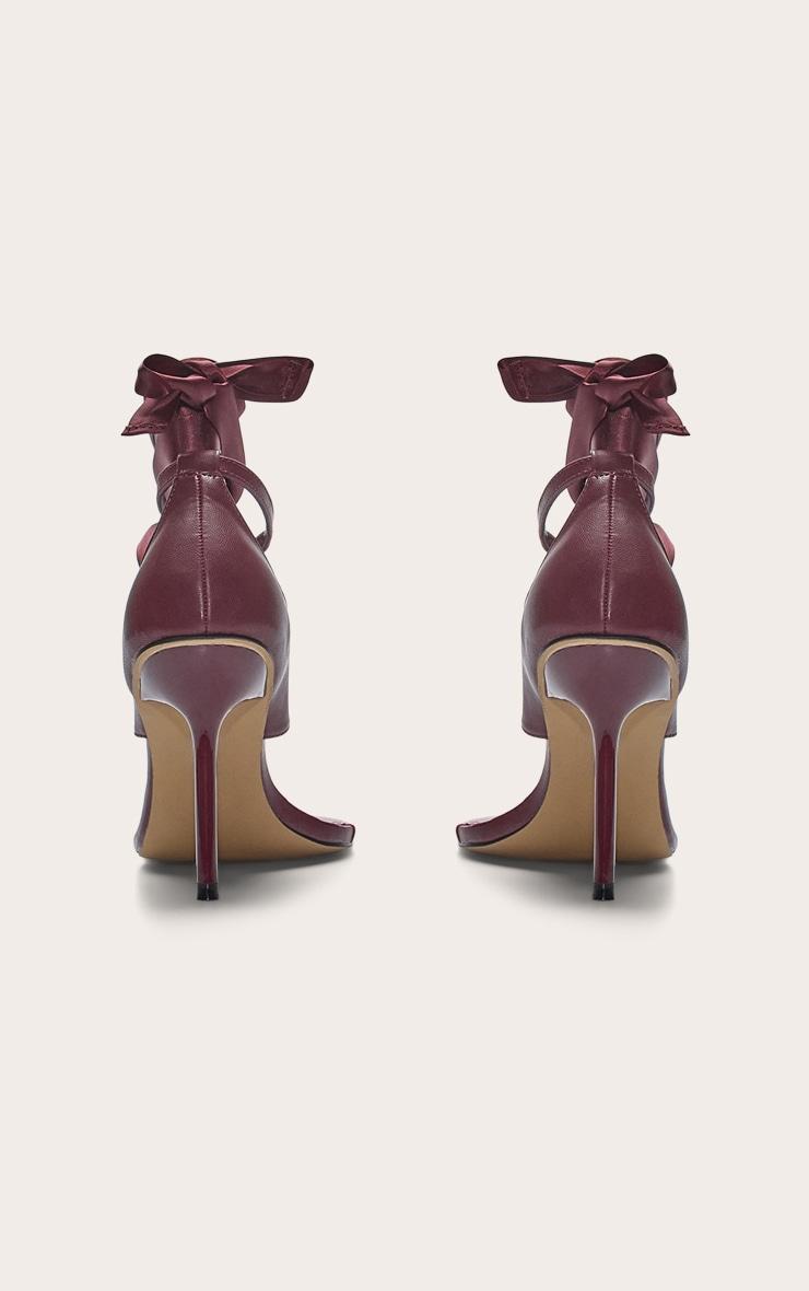 Burgundy Pu Round Toe Thong Ribbon Lace Up High Stiletto Heeled Sandals. Product Image