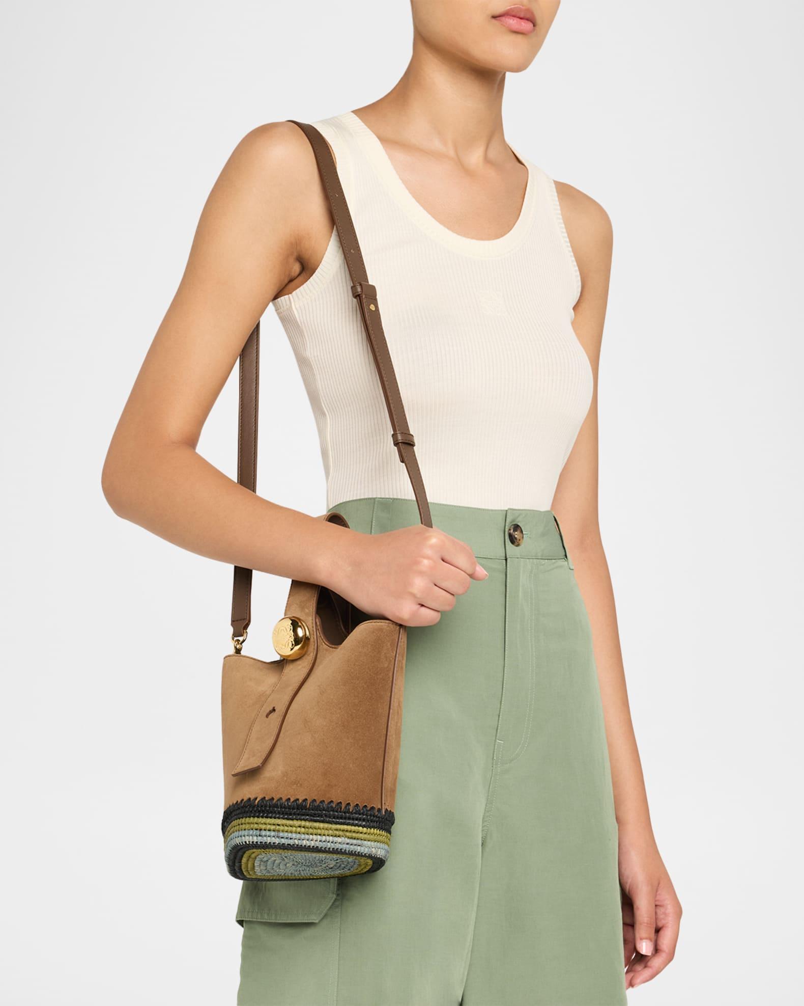 Pebble Raffia-Bottom Mini Bucket Bag in Suede Product Image