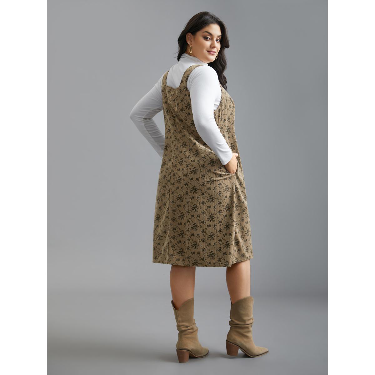 Plus Size Suspender Skirt Style Floral Dress Browncoffeecolor Women Casual Texture Non Sleeveless Curvy BloomChic 14-16/1X Product Image