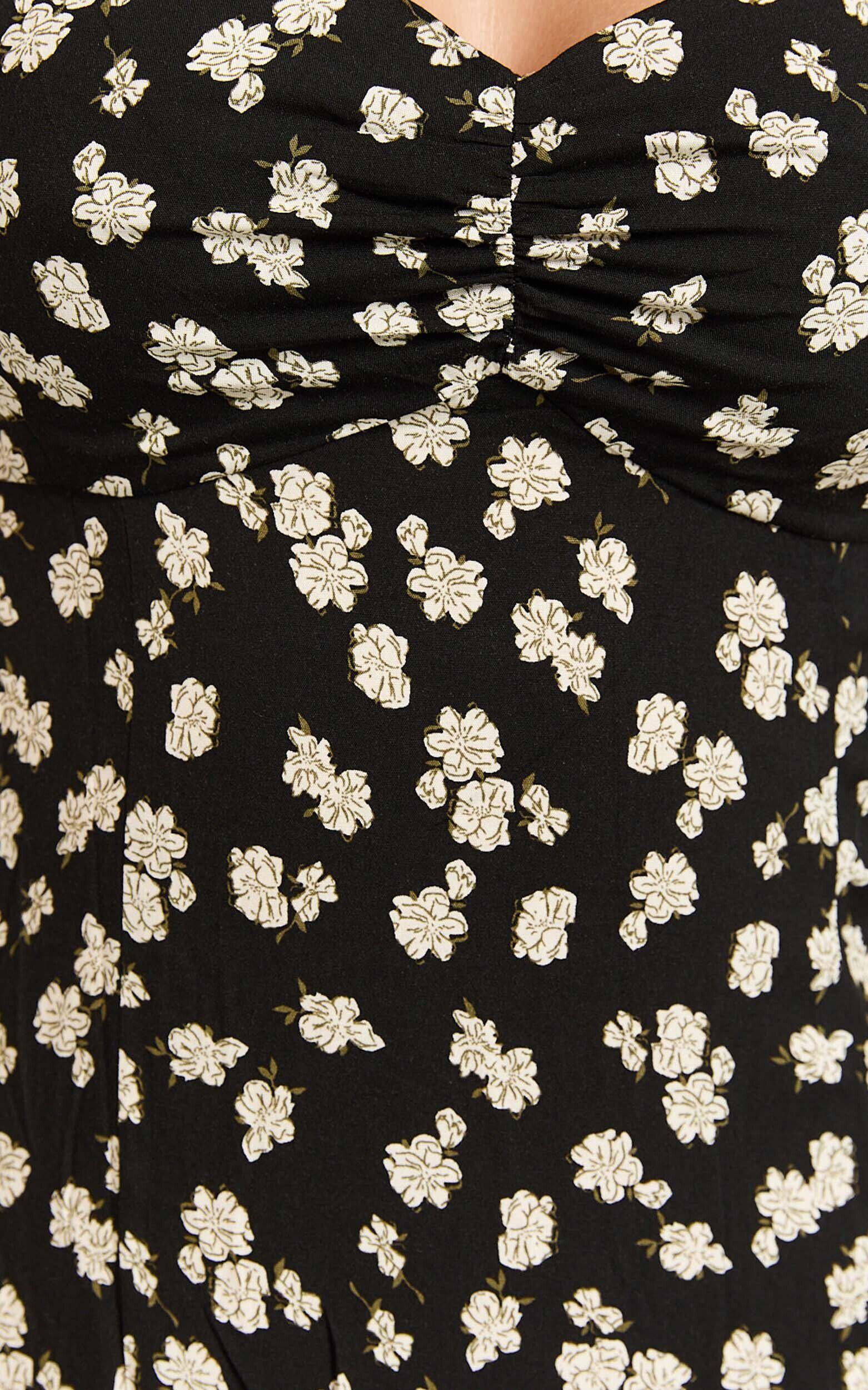 Marcel Midi Dress - Sweetheart Puff Sleeve Thigh Split Dress in Black Wildflower Product Image