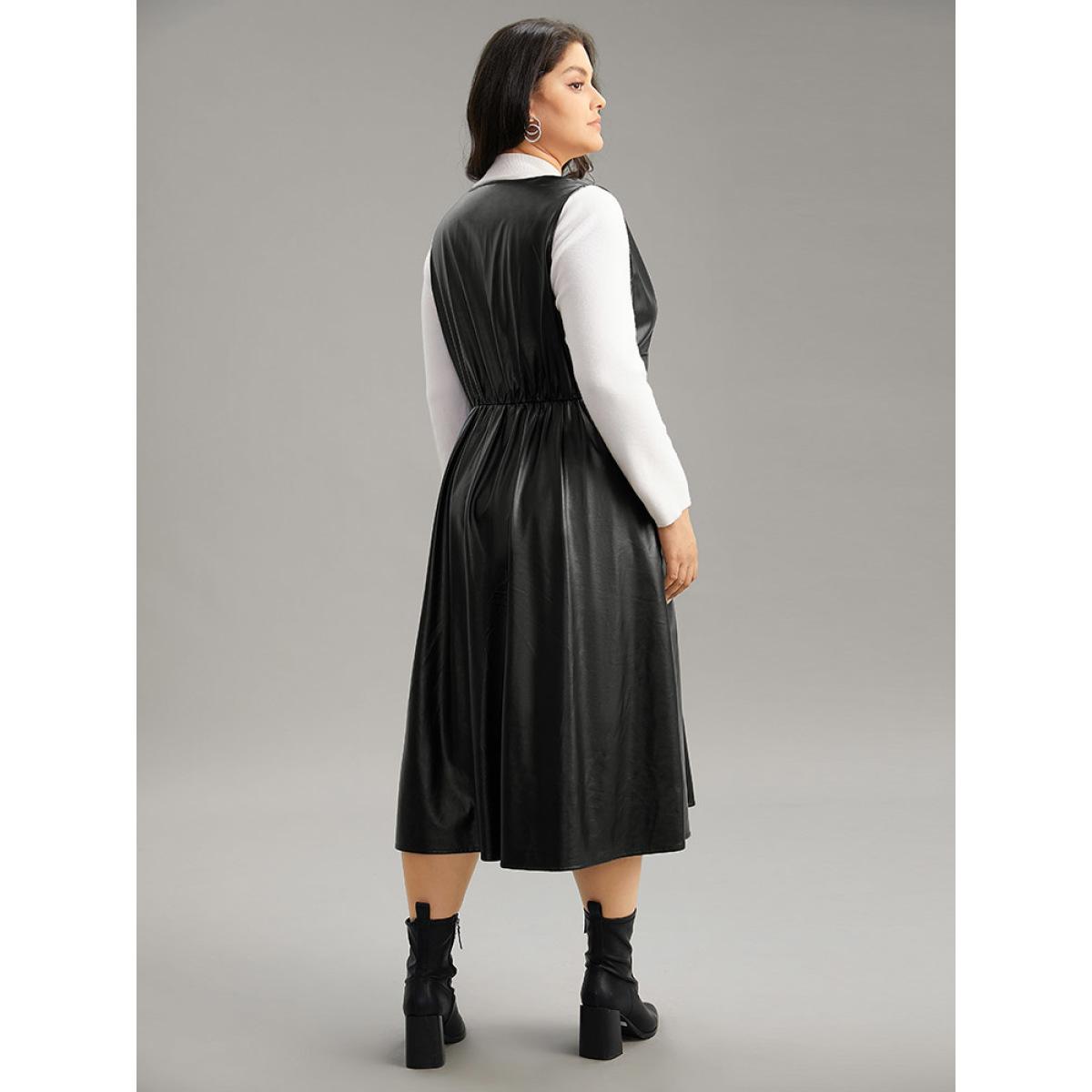 Plus Size PU Leather Sleeveless Button Detail Dress Black Women Office Plain V-neck Sleeveless Curvy Midi Dress BloomChic 22-24/3X Product Image