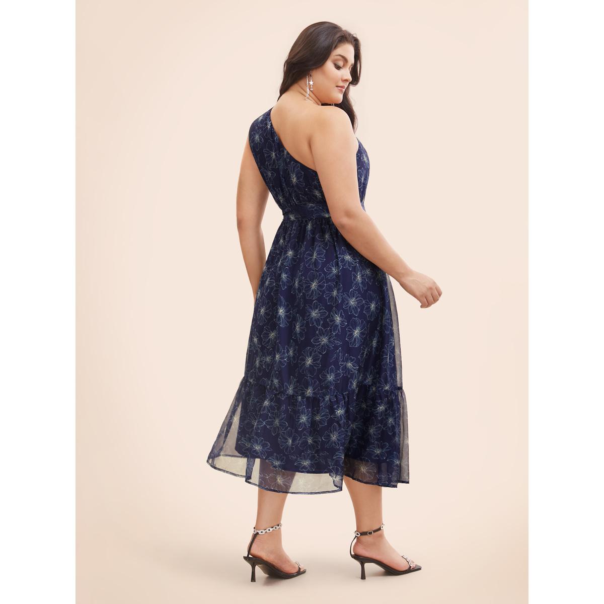 Plus Size Floral Asymmetrical Neck Mesh Belted Dress DarkBlue Women Cocktail See through Party Curvy Bloomchic 22-24/3X Product Image