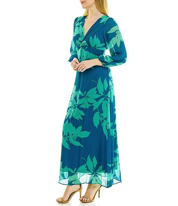 Maison Tara Long Sleeve V-Neck Front Twist 3/4 Sleeve Chiffon Empire Waist Maxi Dress Product Image