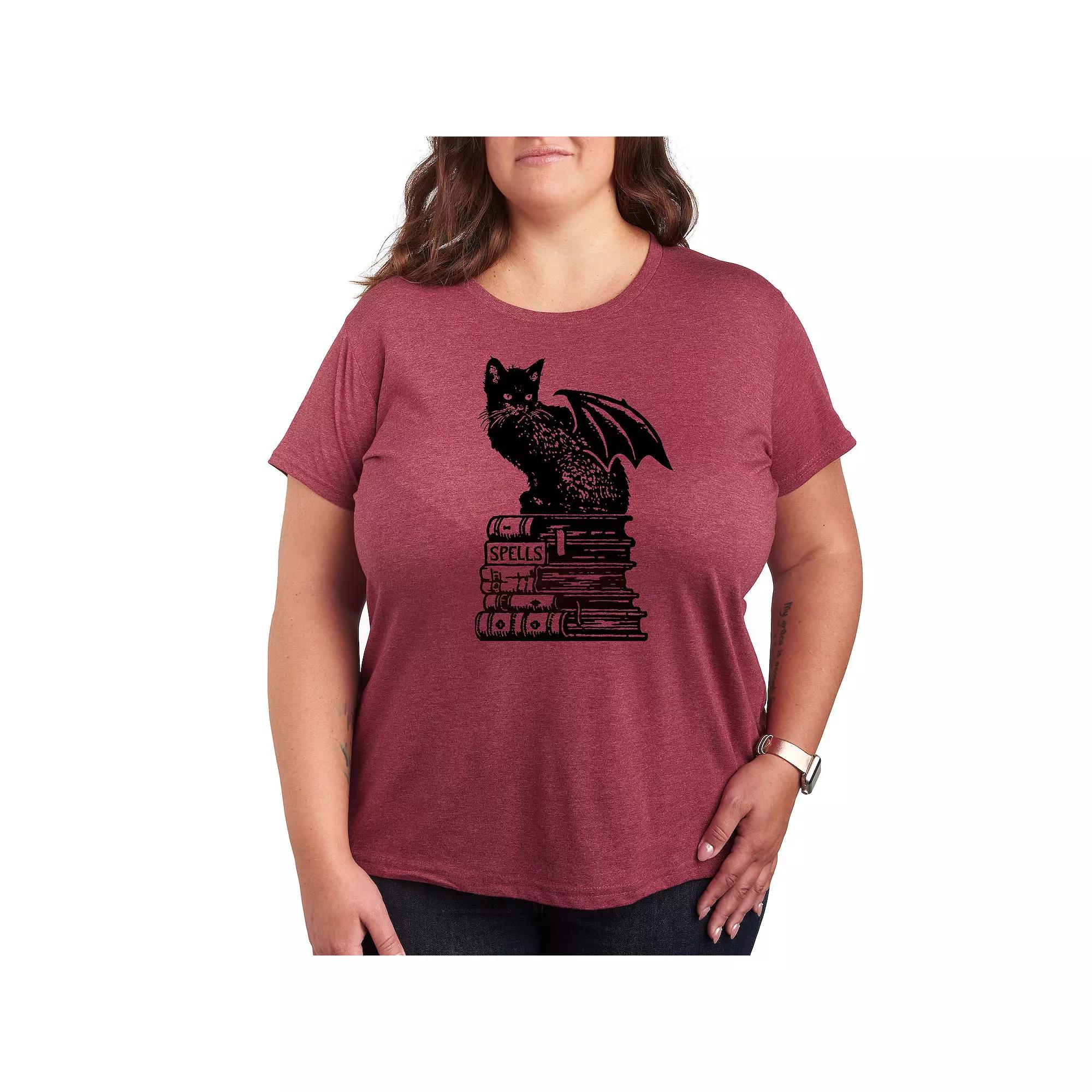 Plus Size Spells Cat Graphic Tee, Women's, Size: 3XL, Grey Red Product Image