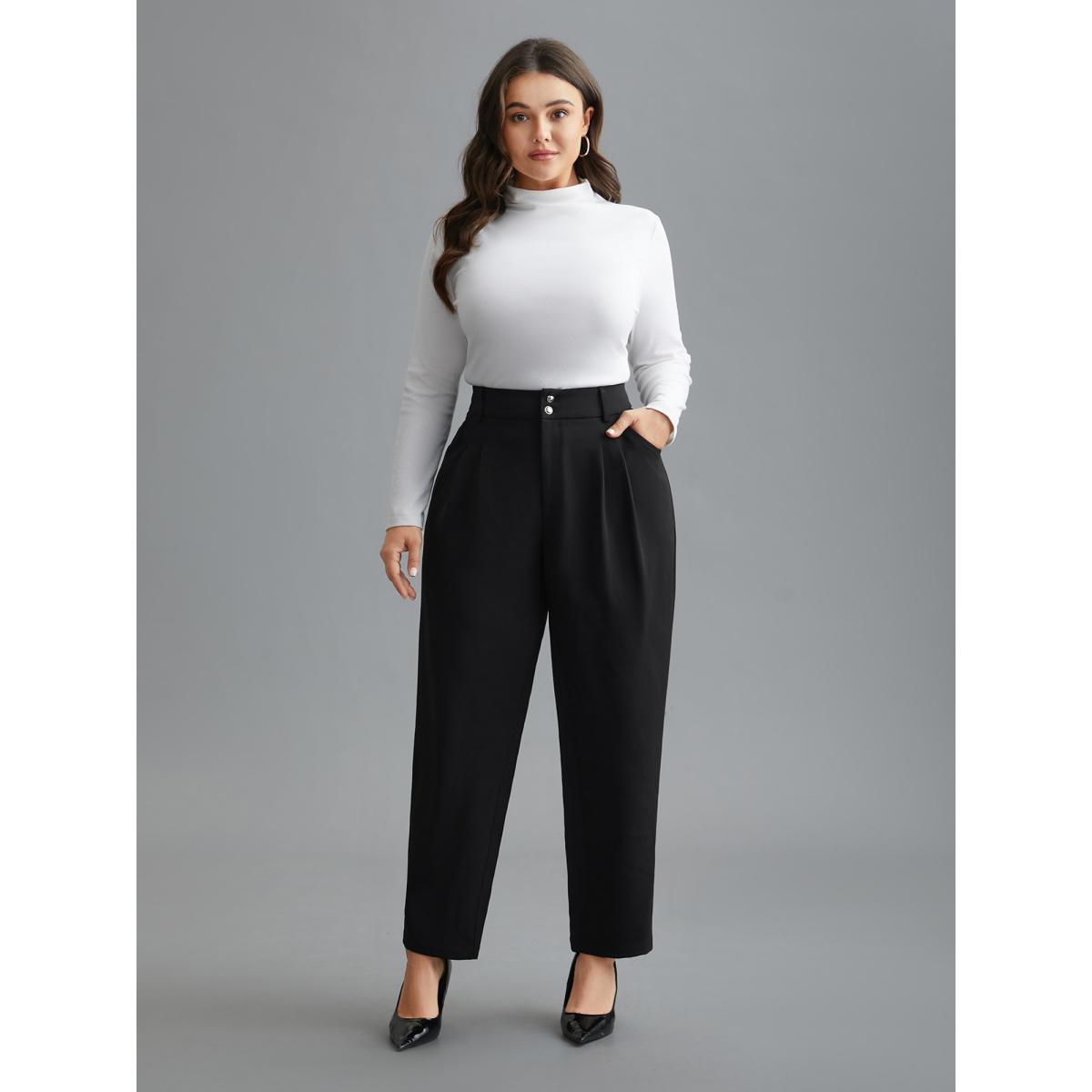 Plus Size Double Buckle Straight Leg Pants Women Black Office Straight Leg Mid Rise Office Pants BloomChic 30/6X Product Image