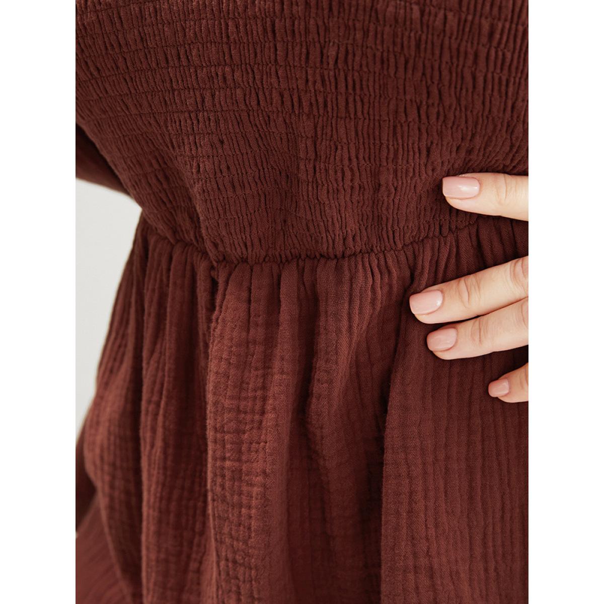 Plus Size Scarlet Solid V Neck Lantern Sleeve Shirred Ruffle Hem Blouse Women Elegant Long Sleeve V-neck Dailywear Blouses BloomChic 12/L Product Image