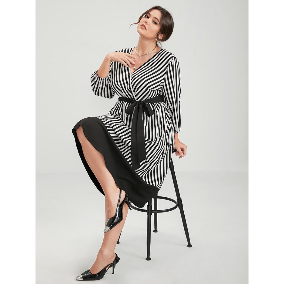 Plus Size Striped Contrast Patchwork Lantern Sleeve Pocket Belted Wrap Dress Black Women Office Belted V-neck Elbow-length sleeve Curvy Midi Dress BloomChic 10/M Product Image