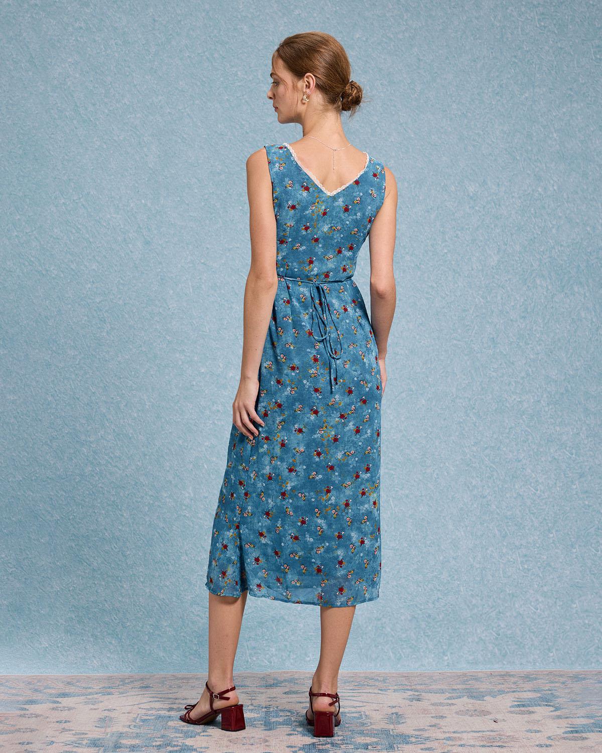 Blue Floral V Neck A-Line Sleeveless Midi Dress Product Image