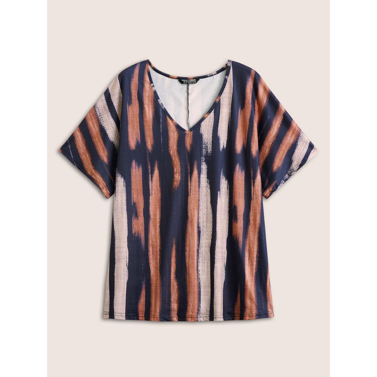 Plus Size Striped Contrast Dolman Sleeve V Neck T-shirt Midnight Women Casual Striped V-neck Everyday T-shirts BloomChic 22-24/3X Product Image