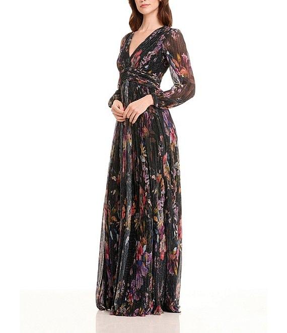Dress the Population Pauline Metallic Floral Plunge V-Neck Long Sleeve Side Slit Gown Product Image