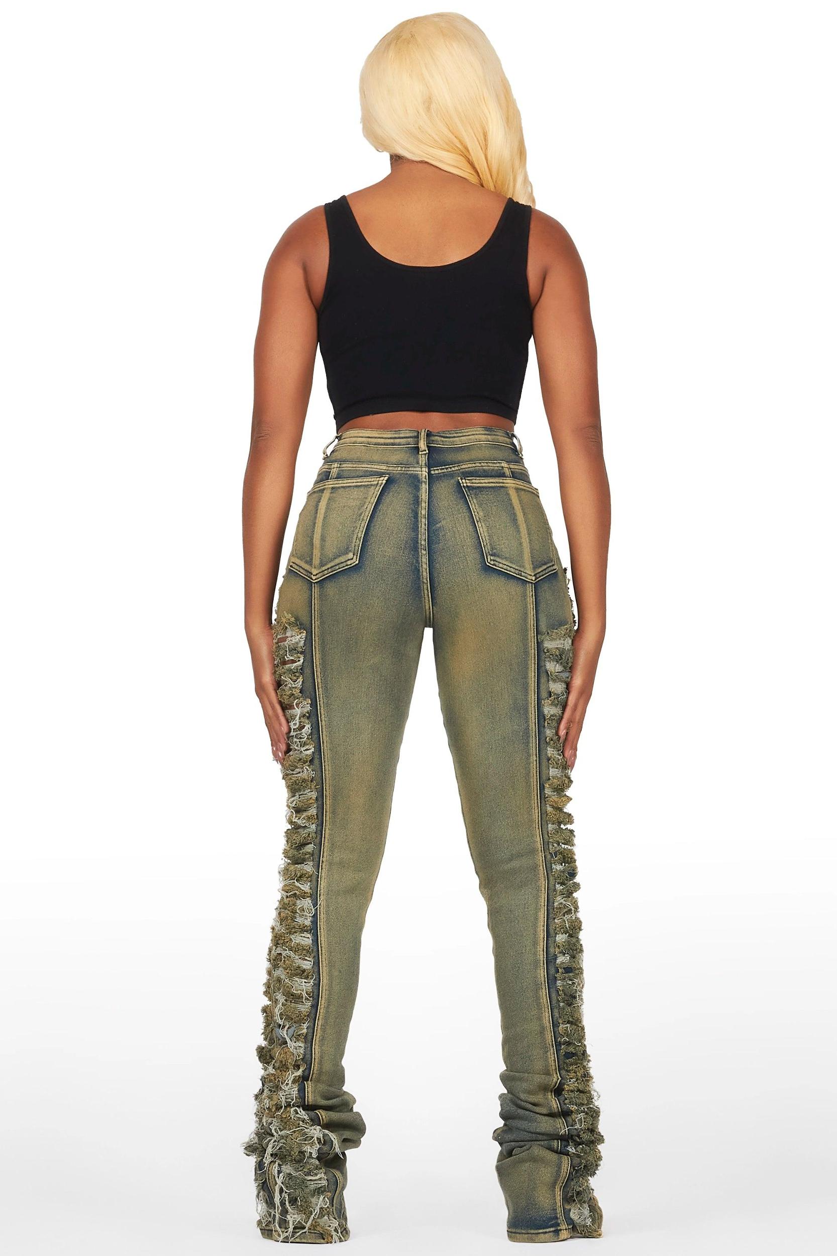Erielle Tinted Dark Wash Mega Distressed Super Stacked Jean Female Product Image